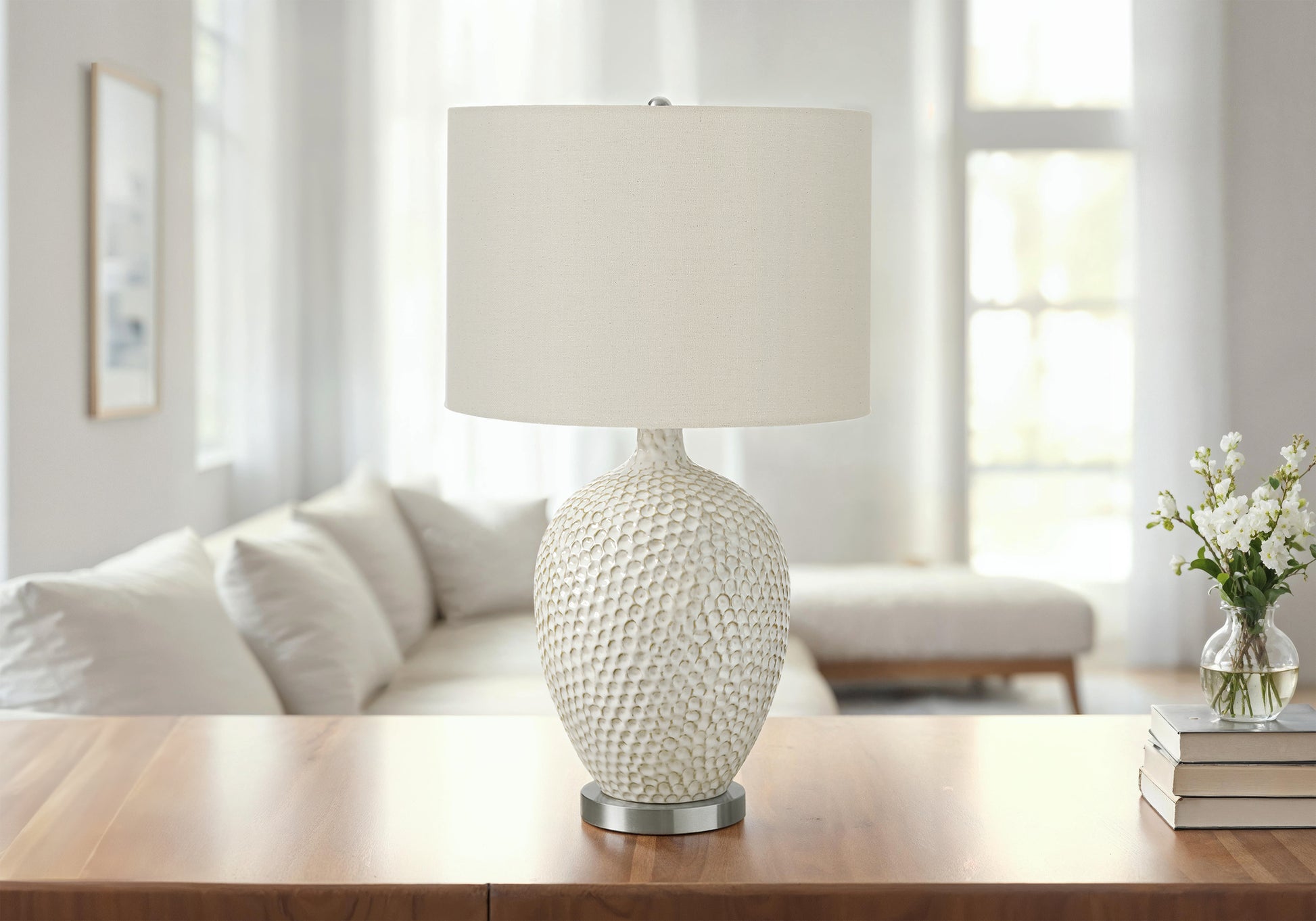 LIGHTING - 28"H TABLE LAMP CREAM CERAMIC / IVORY SHADE-Table-DECOROLALA