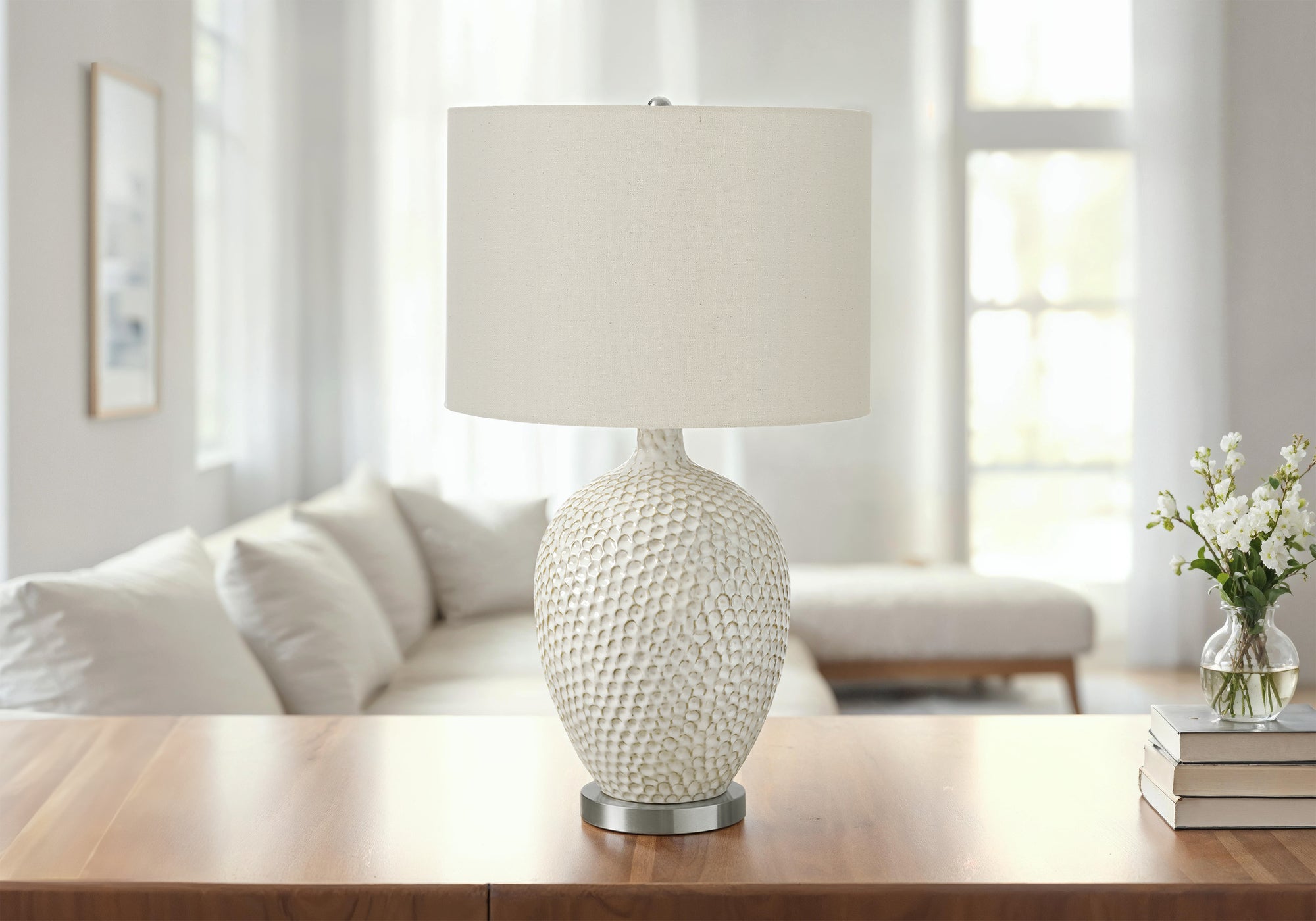 LIGHTING - 28"H TABLE LAMP CREAM CERAMIC / IVORY SHADE-Table-DECOROLALA