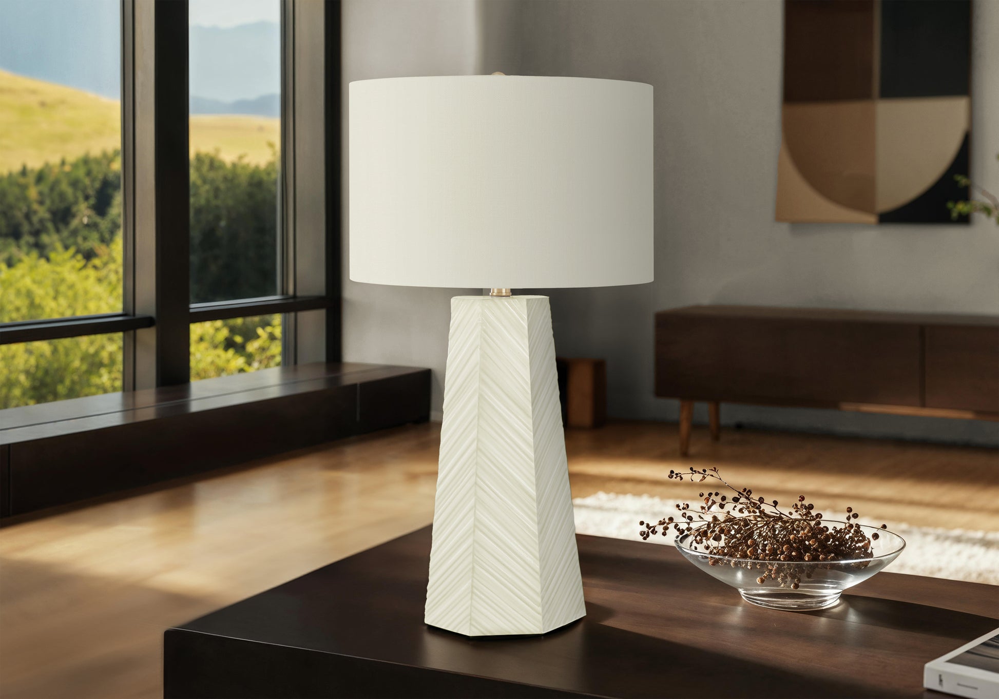 LIGHTING - 29"H TABLE LAMP WHITE CERAMIC / IVORY SHADE-Table-DECOROLALA