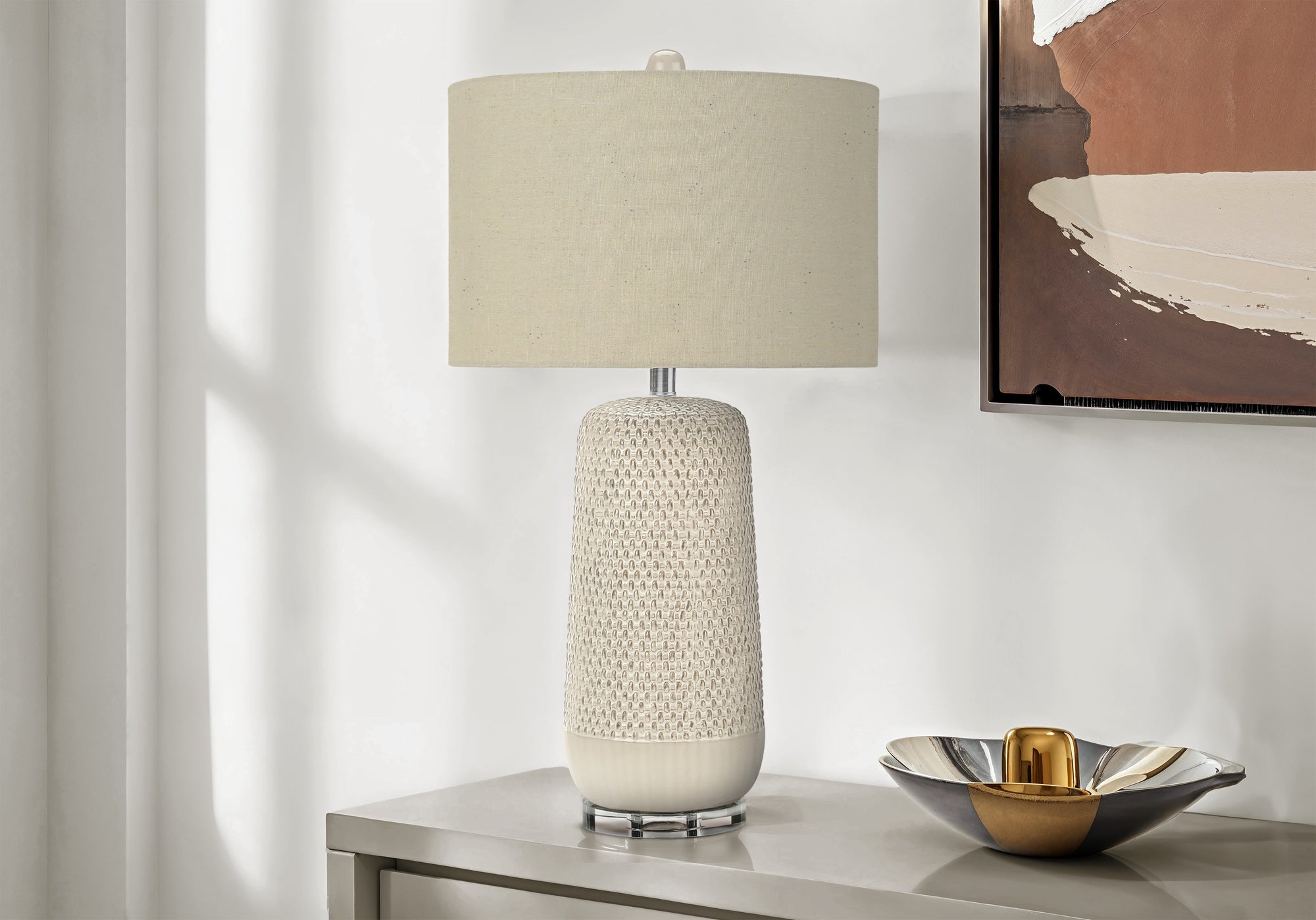 LIGHTING - 31"H TABLE LAMP CREAM CERAMIC / BEIGE SHADE-Table-DECOROLALA