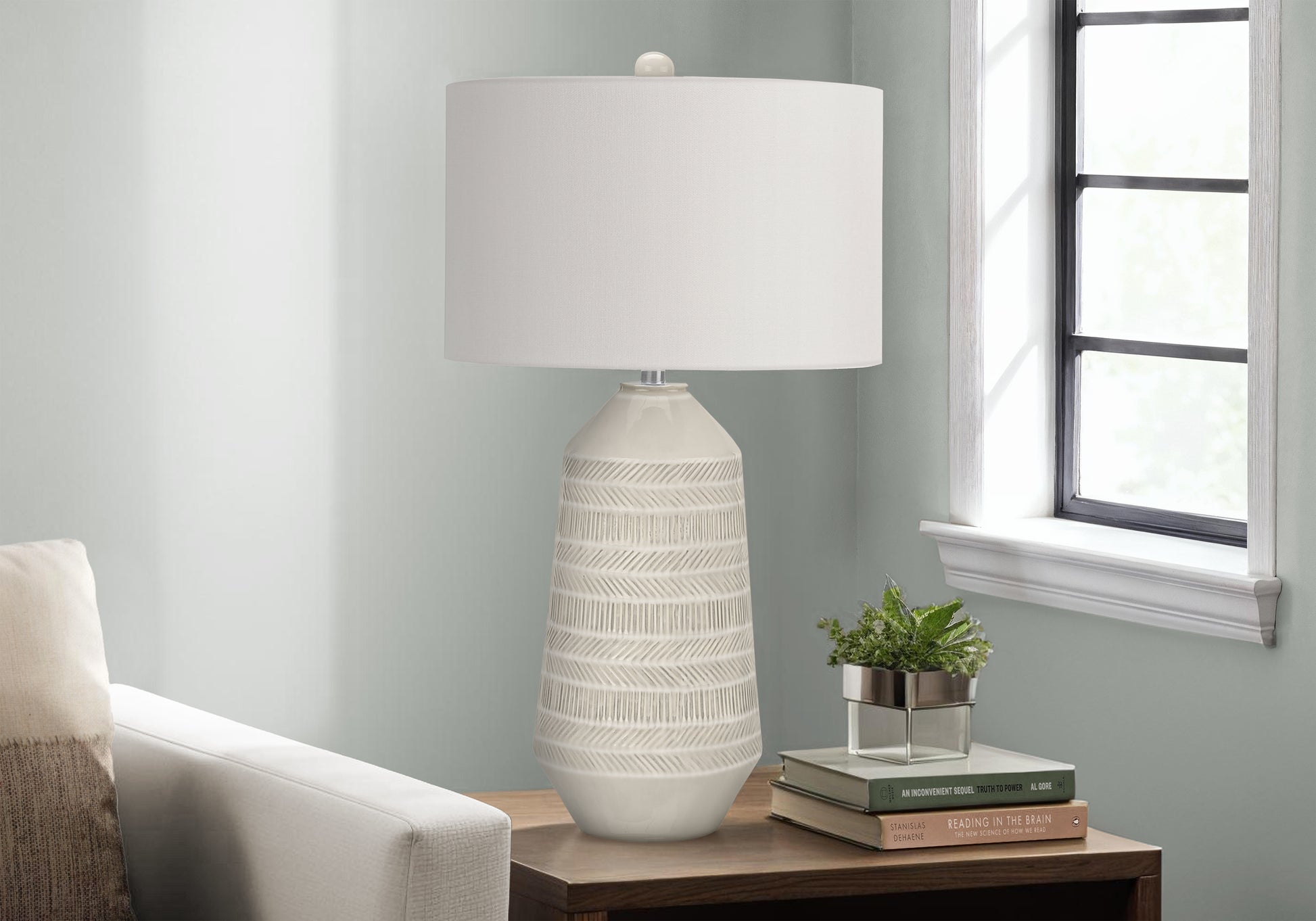 LIGHTING - 33"H TABLE LAMP CREAM CERAMIC / IVORY SHADE-Table-DECOROLALA