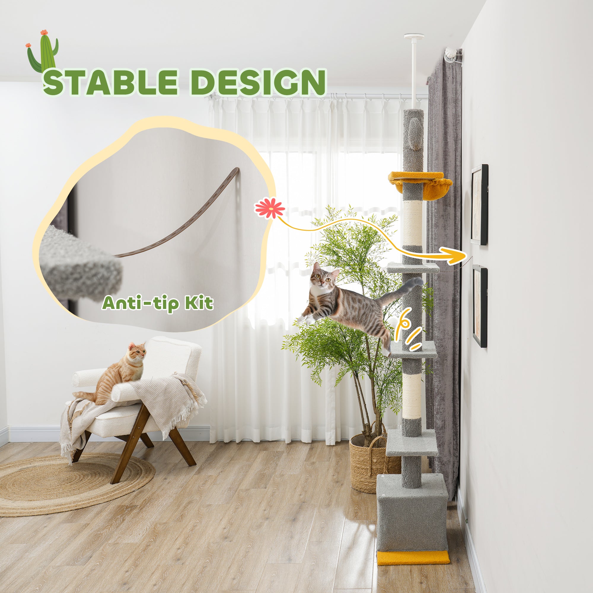 Floor to Ceiling Cat TreeTower with 90.5"-108" Adjustable Height, Scratching Posts, Hammock, Comdo, Toy Ball, Light Grey