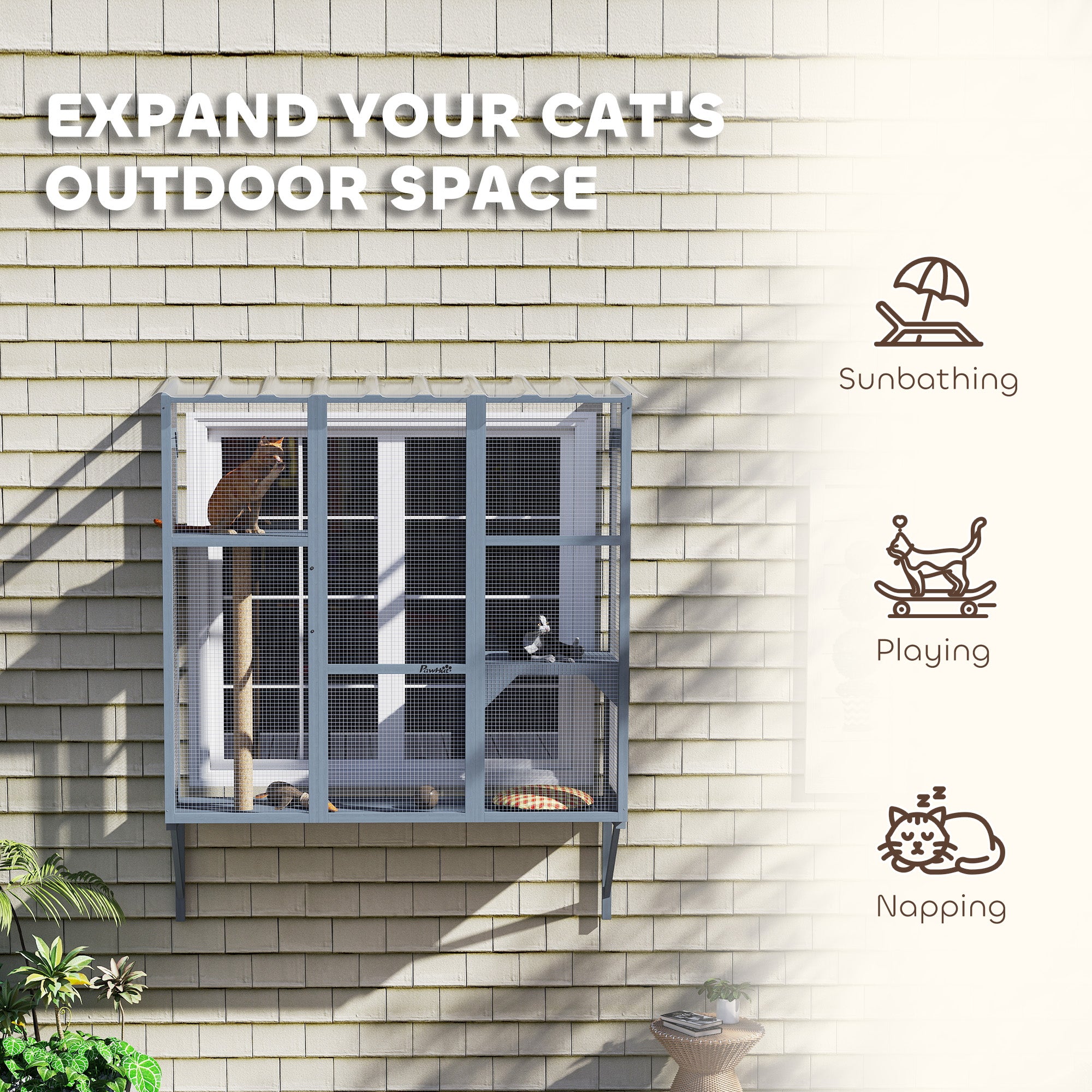 Enclos extérieur en bois pour chats, espace grillagé pour fenêtre permettant d’accueillir 2 à 3 grands chats, avec 2 plateformes de saut et un poteau à griffer, gris