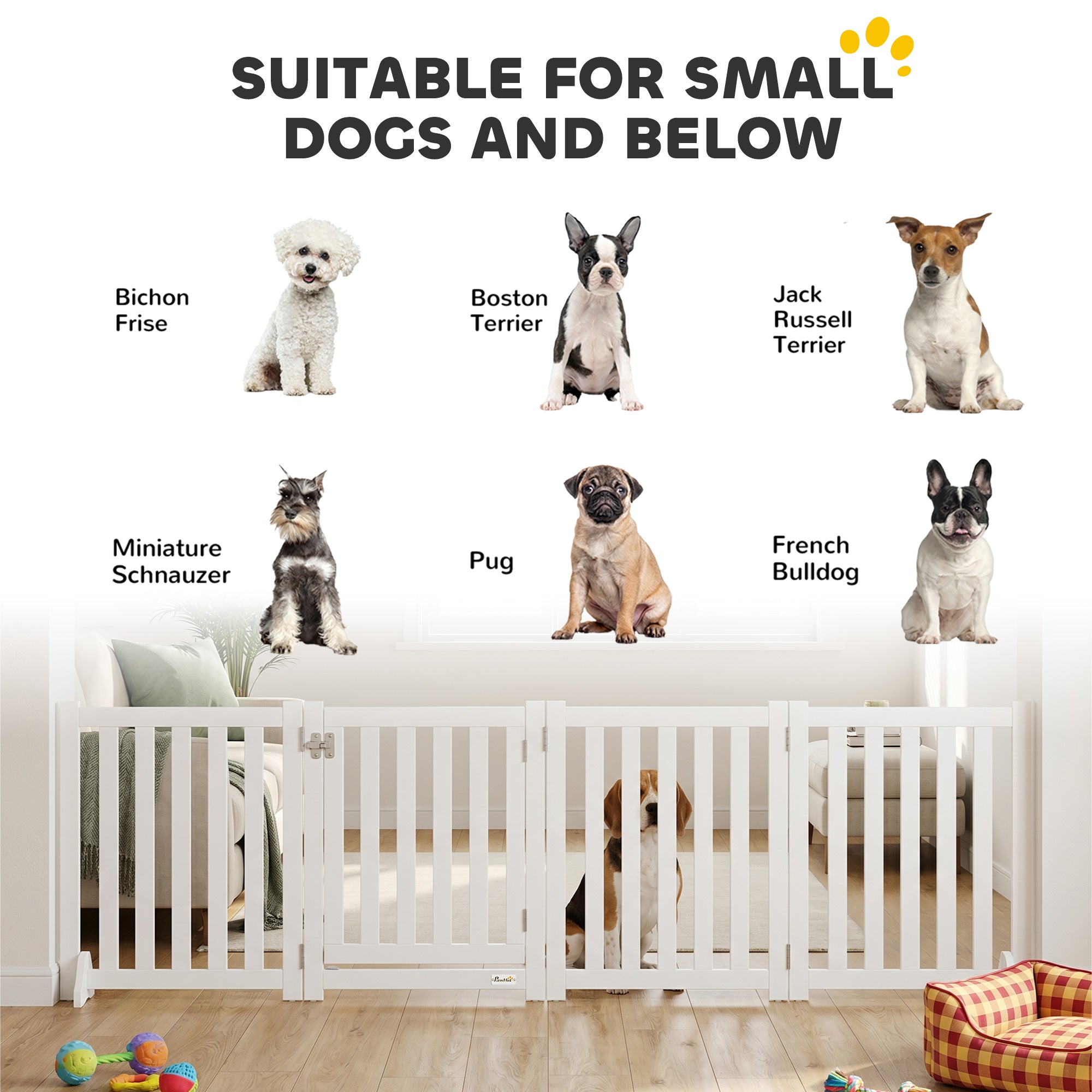 Barrière pliable pour chien de 23.5"H avec porte, 4 panneaux, barrière autoportante pour animaux avec pieds de support, enclos intérieur pour chiots et chiens, blanc