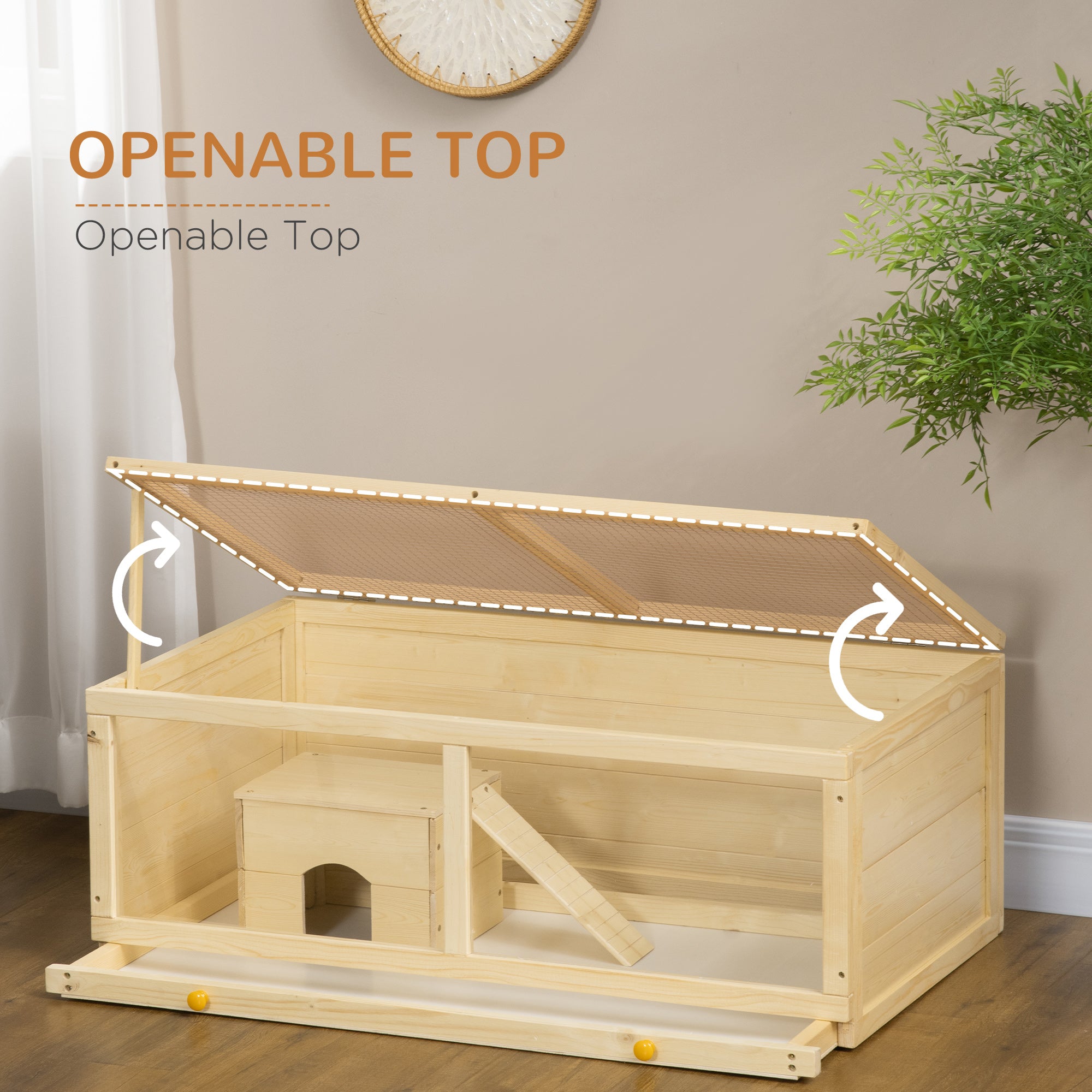 Small Animals Kit Hutch w/ Sliding Tray, Exercise Play House for Dwarf Hamsters, Gerbils, Chinchillas, Natural Wood