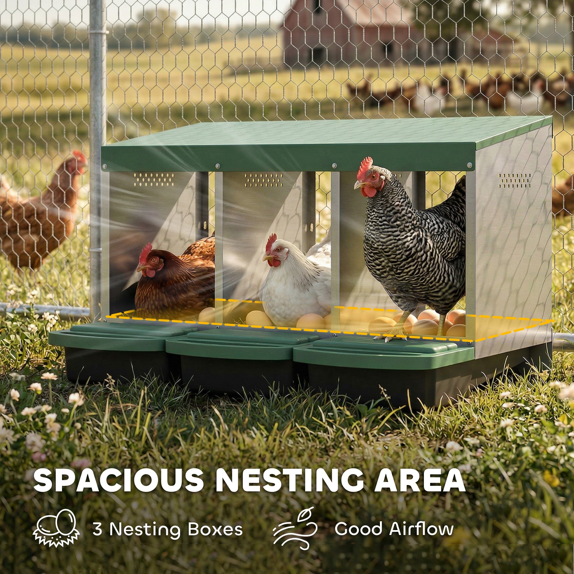 Chicken Nesting Boxes, 3 Compartment Metal Nesting Boxes for Chicken Coop, Egg Laying Boxes with Lid Cover