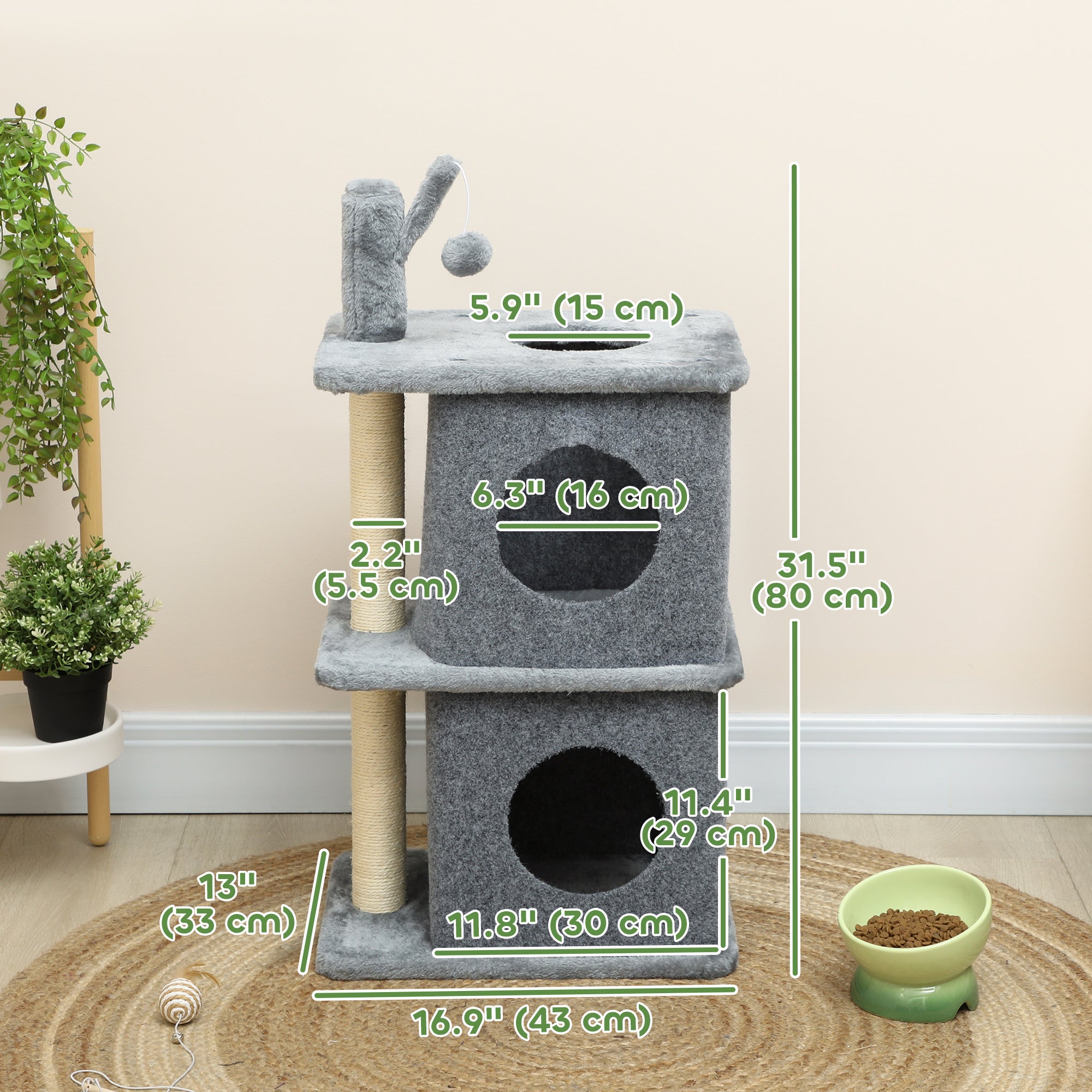 31.5" Cat Tree, Multi-Level Cat Tower with 2 Condos and Soft Plush Perches for 1-2 Cats, Grey