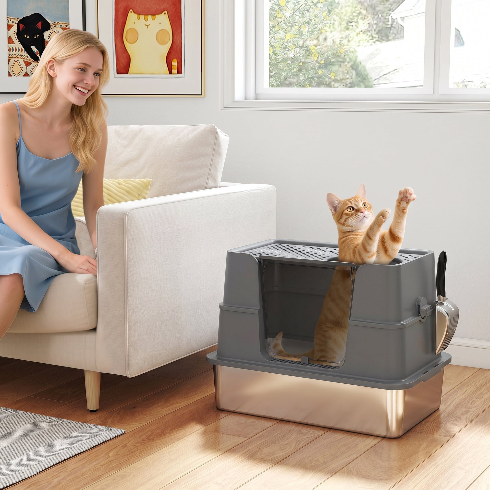 XL Stainless Steel Litter Box w/ 100° Flip Top, Scoop, Side Top Dual Entry, Odor Free, Easy Cleaning, Anti Leakage