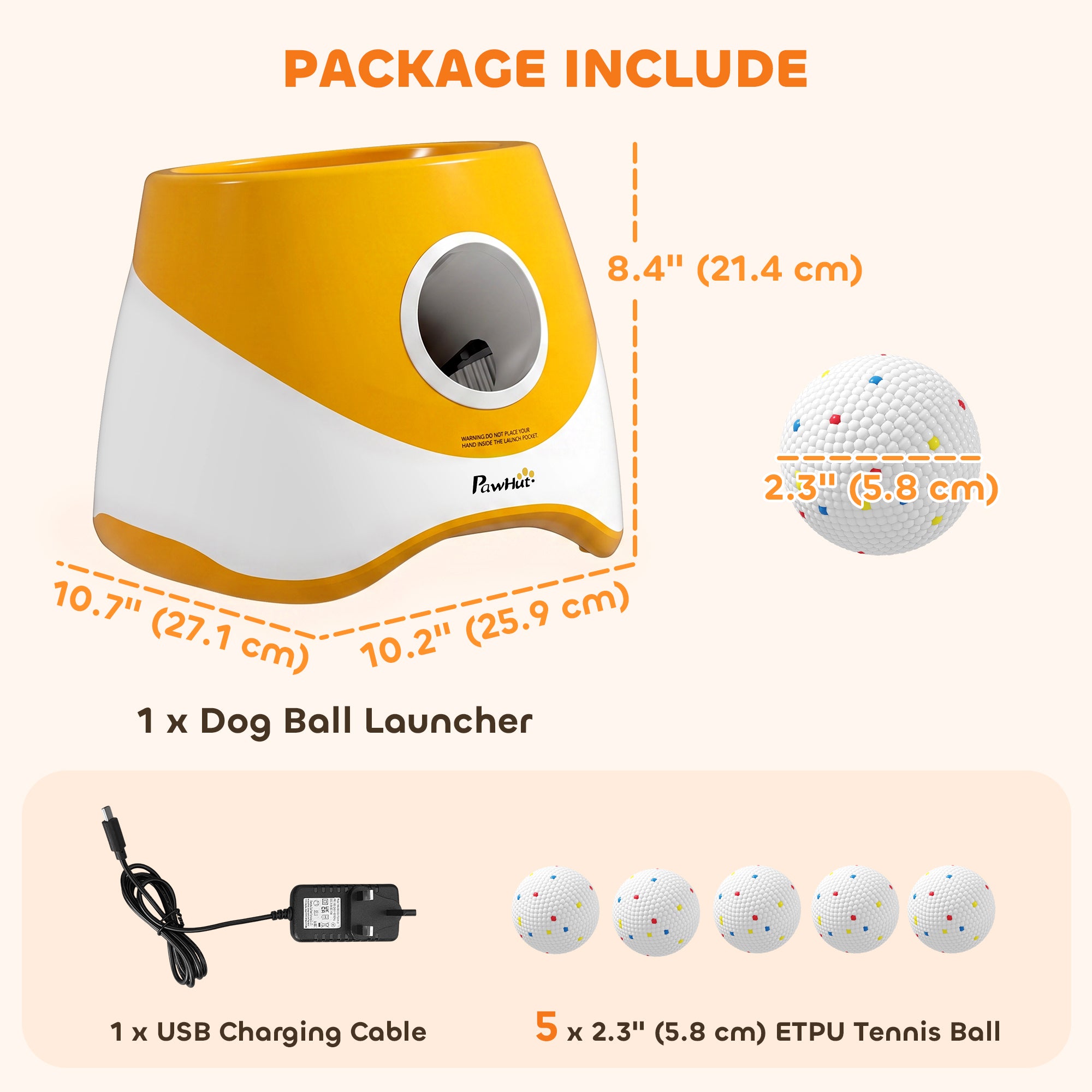 Automatic Dog Ball Launcher with 5 ETPU Balls 2.3", 3 Distance Settings 20ft, 33ft, 46ft, Orange
