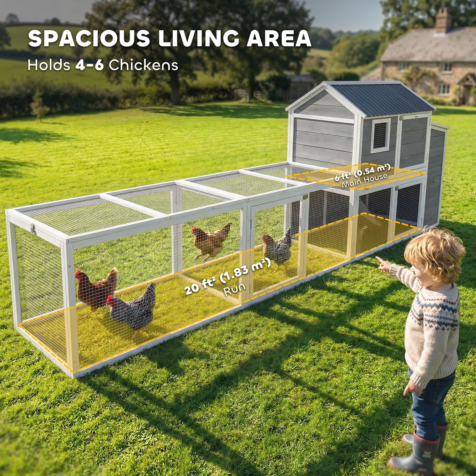 Large Chicken Coop, 134"L Wooden Chicken House with Run, Nesting Box, Slide-Out Tray, Waterproof Roof and Ramp