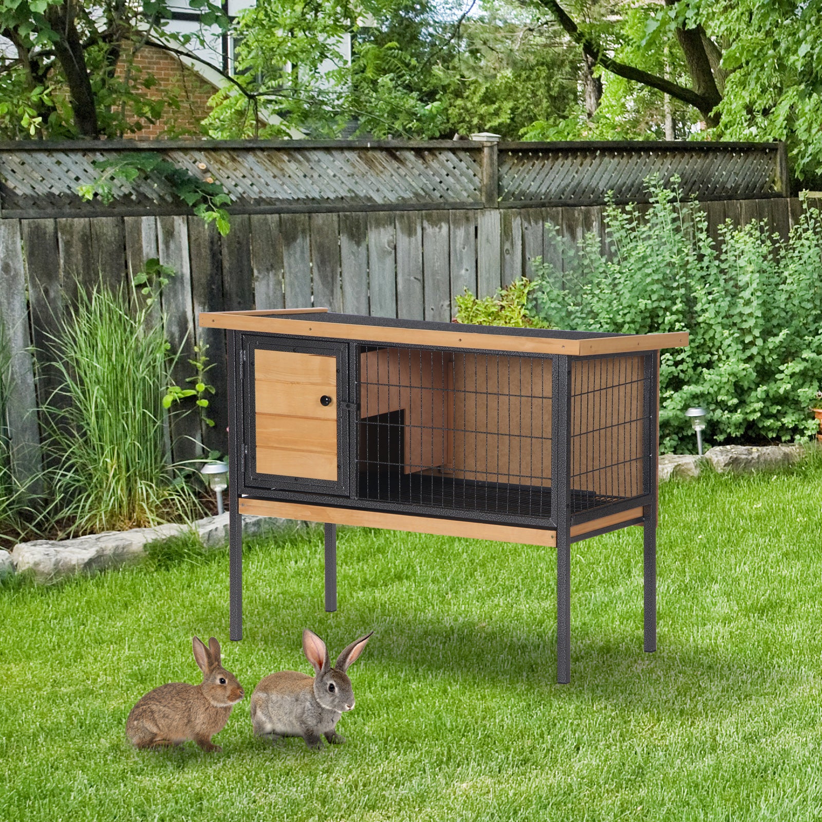 Rabbit Hutch, Wooden Bunny Cage Indoor Outdoor Bunny Hutch with Tray and Openable Water-Resistant Roof, Yellow