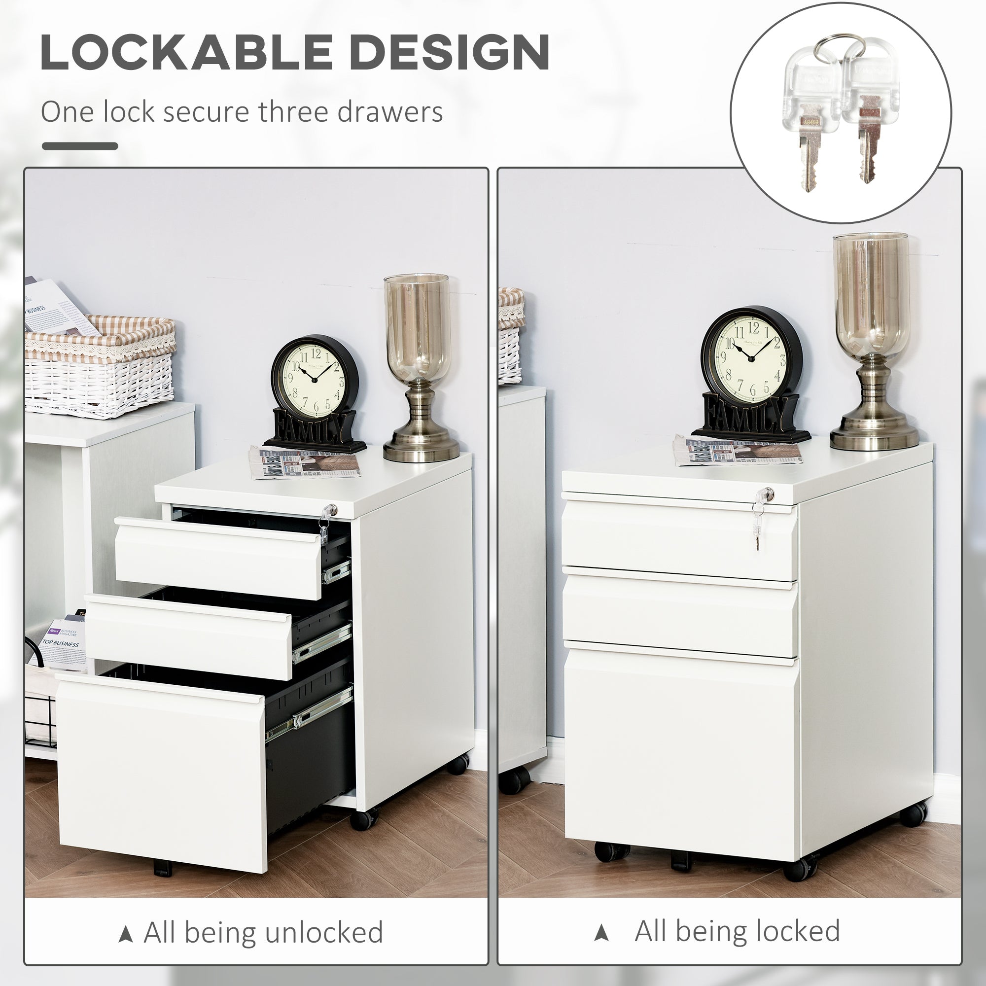 3 Drawer Lockable Steel Filing Cabinet on Wheels - White
