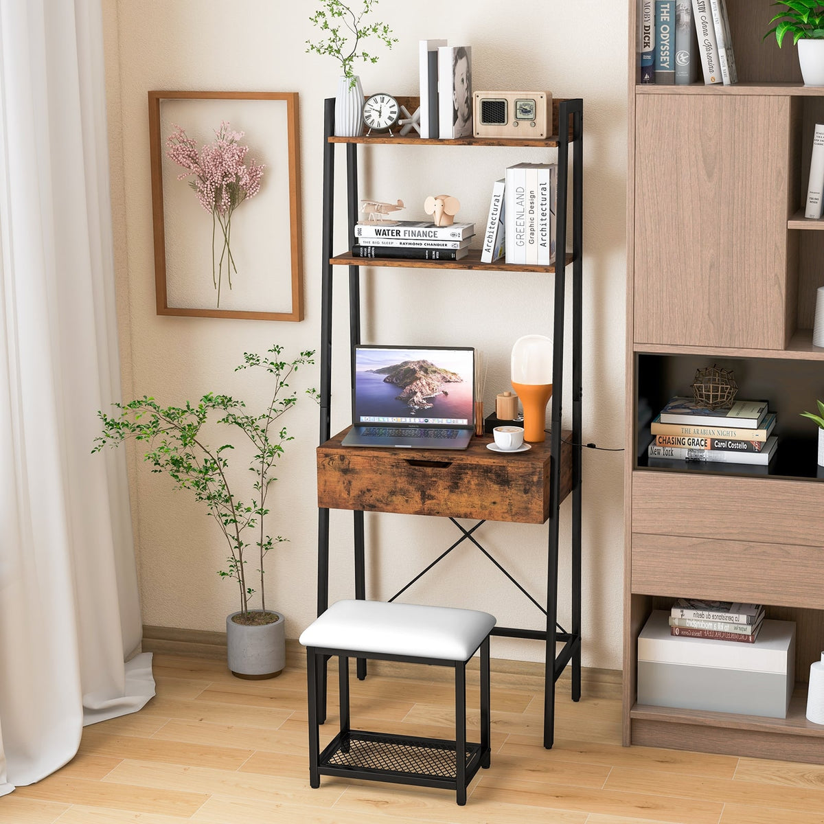 Ladder Vanity Desk Set with Flip Top Mirror and Cushioned Stool-Black-Makeup Vanities-DECOROLALA