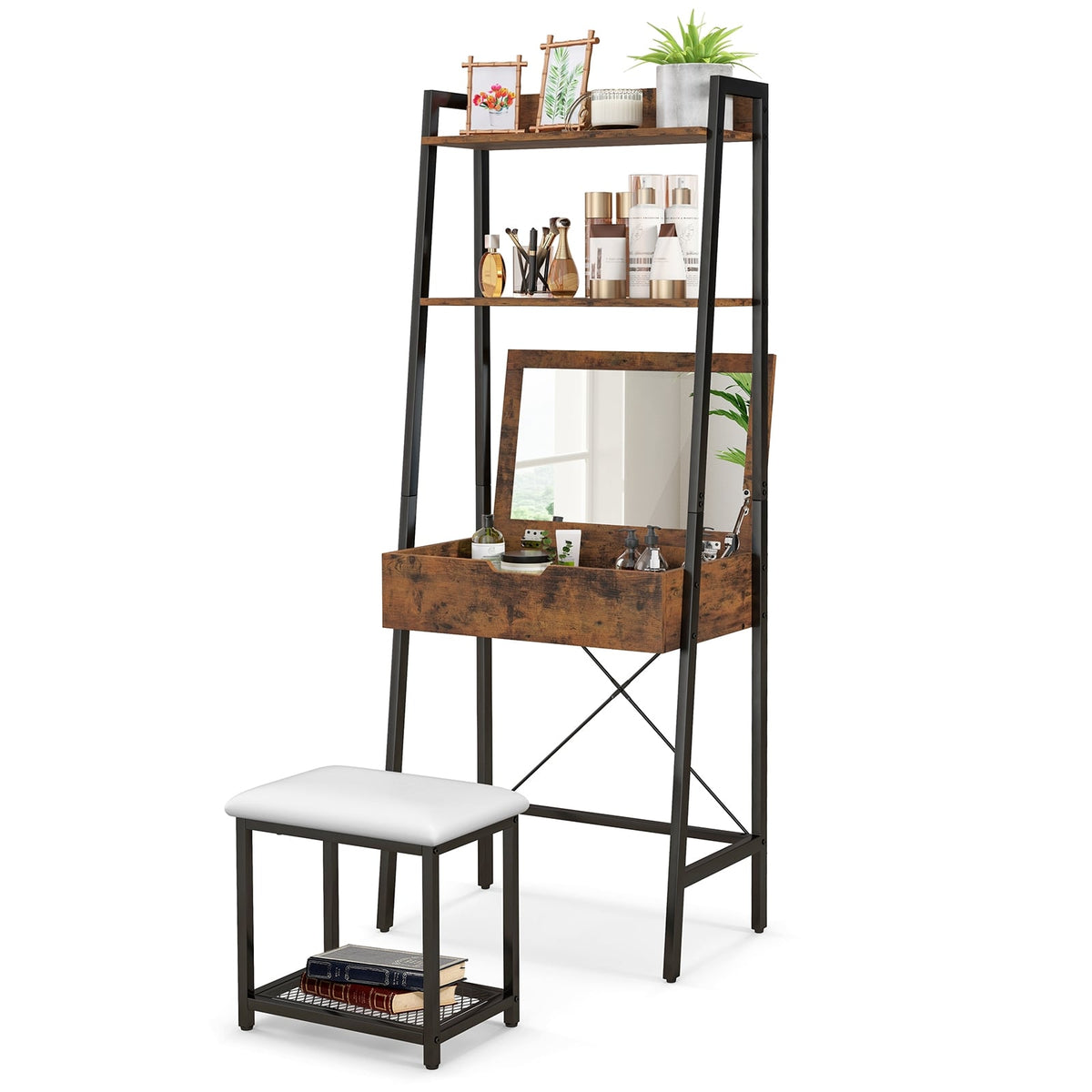 Ladder Vanity Desk Set with Flip Top Mirror and Cushioned Stool - Black-Makeup Vanities-DECOROLALA