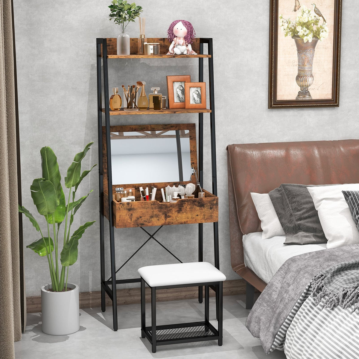 Ladder Vanity Desk Set with Flip Top Mirror and Cushioned Stool-Black-Makeup Vanities-DECOROLALA