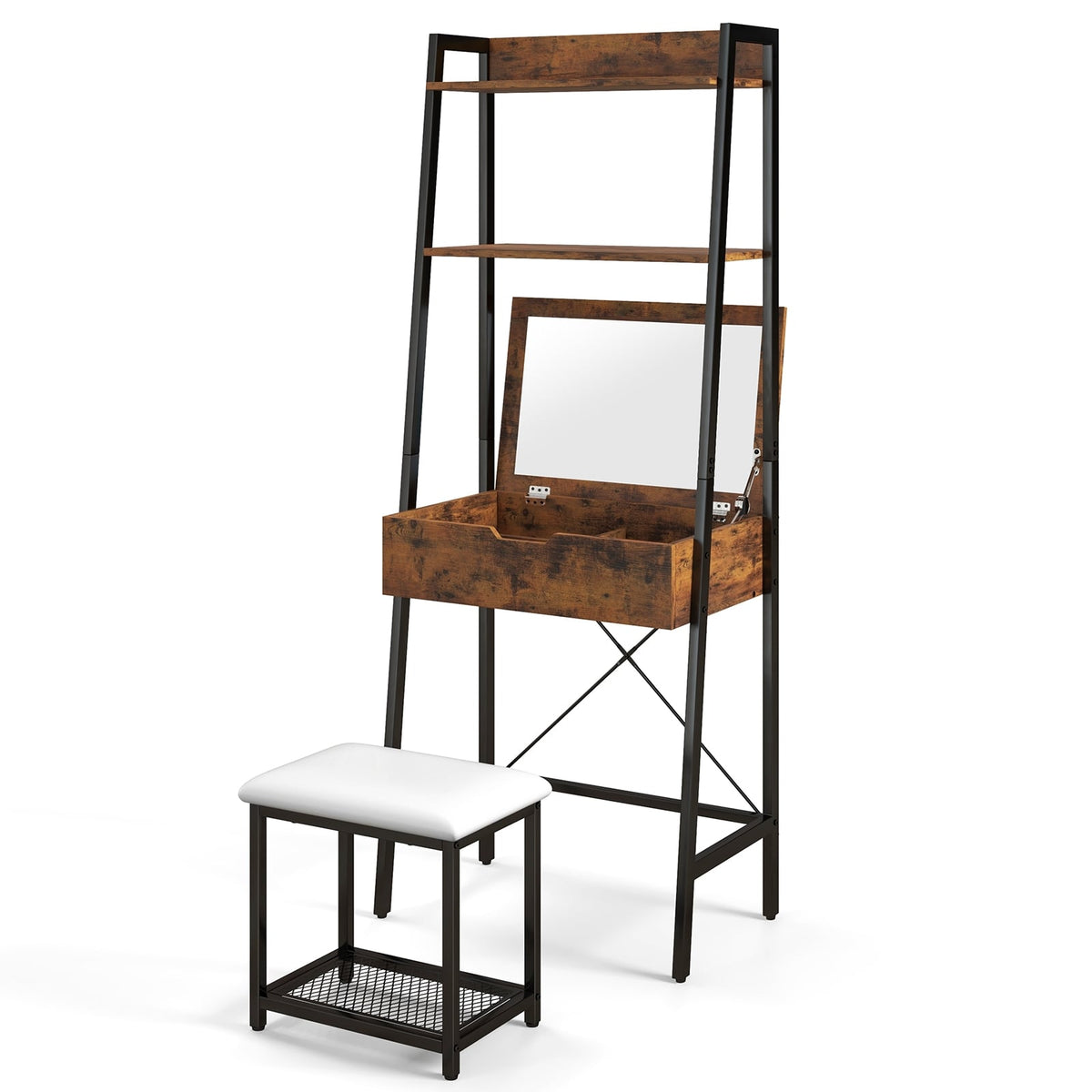 Ladder Vanity Desk Set with Flip Top Mirror and Cushioned Stool-Black-Makeup Vanities-DECOROLALA