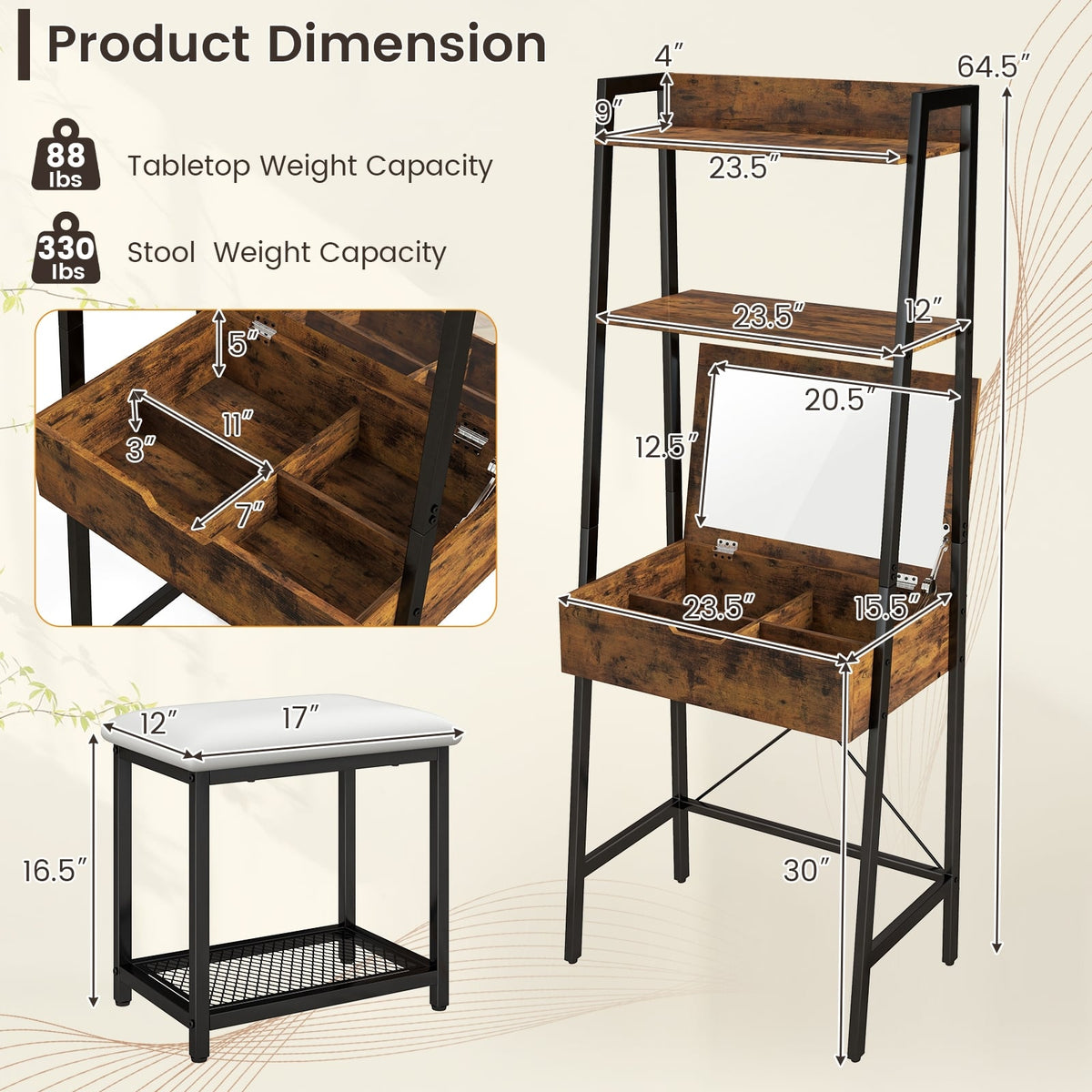 Ladder Vanity Desk Set with Flip Top Mirror and Cushioned Stool-Black-Makeup Vanities-DECOROLALA