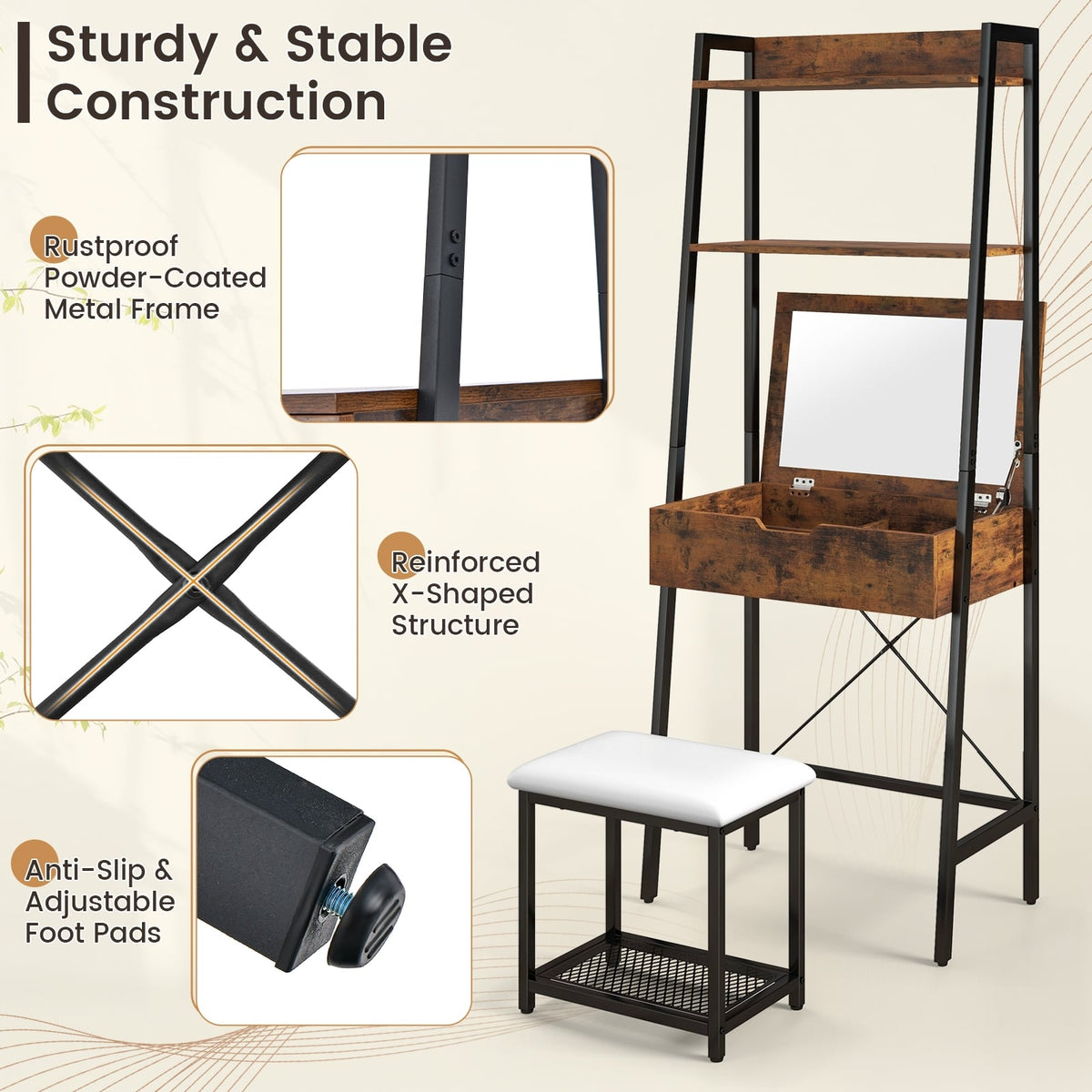 Ladder Vanity Desk Set with Flip Top Mirror and Cushioned Stool-Black-Makeup Vanities-DECOROLALA