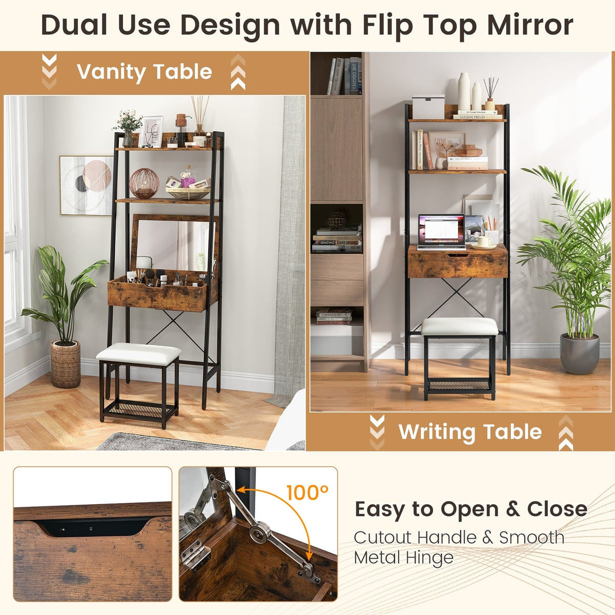 Ladder Vanity Desk Set with Flip Top Mirror and Cushioned Stool-Black-Makeup Vanities-DECOROLALA