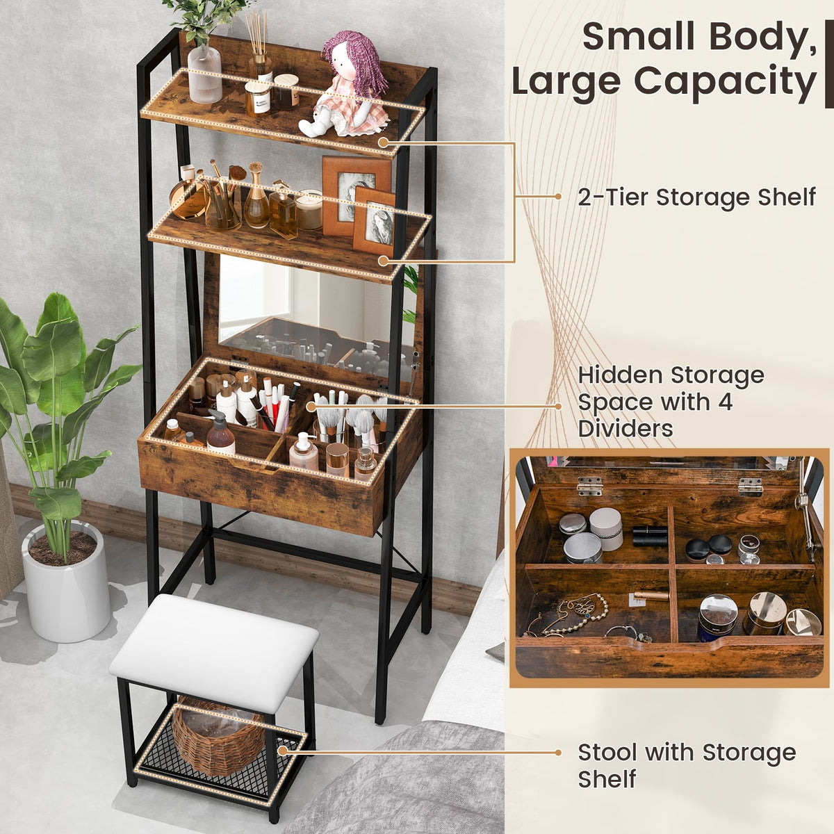 Ladder Vanity Desk Set with Flip Top Mirror and Cushioned Stool-Black-Makeup Vanities-DECOROLALA