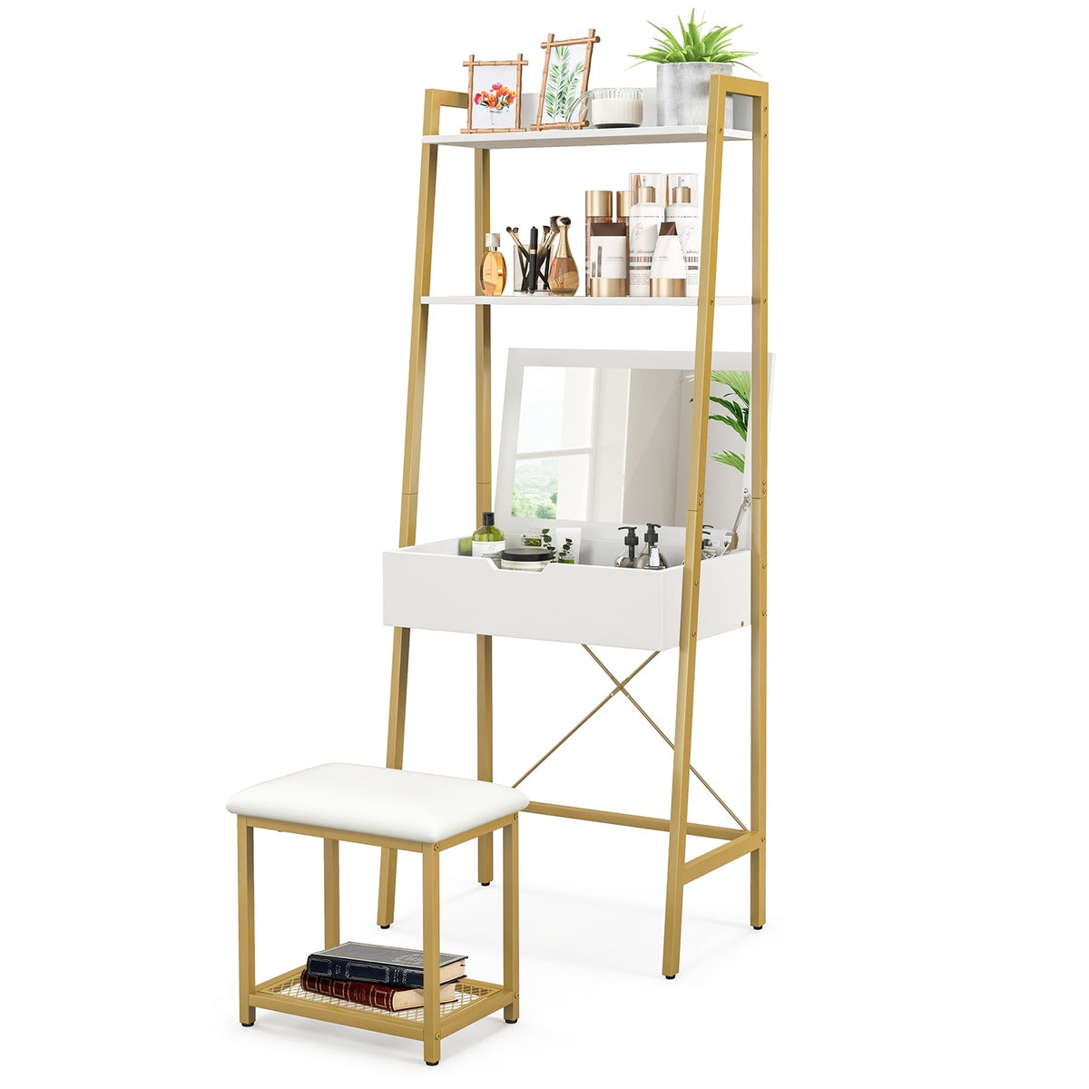 Ladder Vanity Desk Set with Flip Top Mirror and Stool - Gold-Makeup Vanities-DECOROLALA
