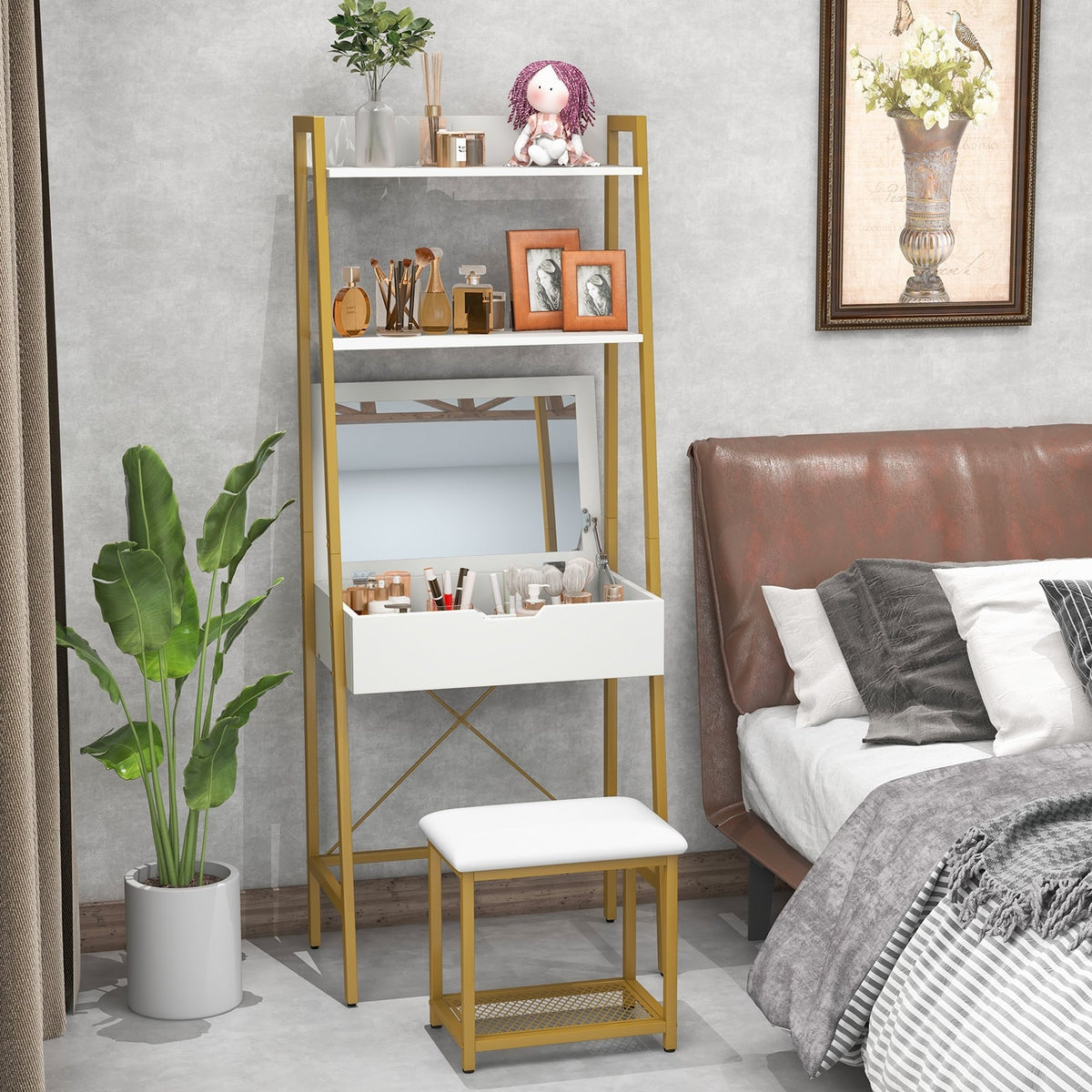 Ladder Vanity Desk Set with Flip Top Mirror and Stool - Gold-Makeup Vanities-DECOROLALA