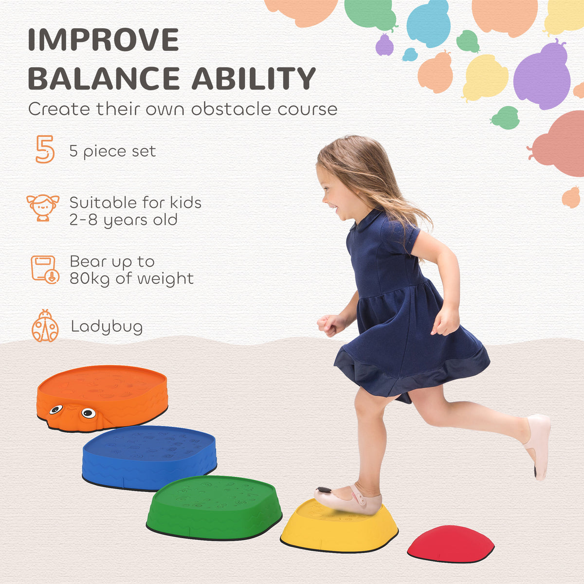 Ladybug Balance Stepping Stones for Promoting Balance Coordination and Strength, Outdoor & Indoor Obstacle Course-Toys & Games > Baby & Toddler Toys > Kids Gym & Playmats-DECOROLALA
