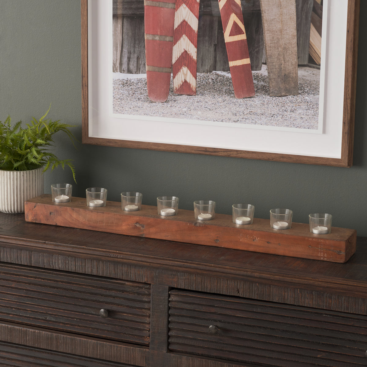 Lakara Reclaimed Wood Eight Tealight Table Candle Holder-Table Candle Holders-DECOROLALA