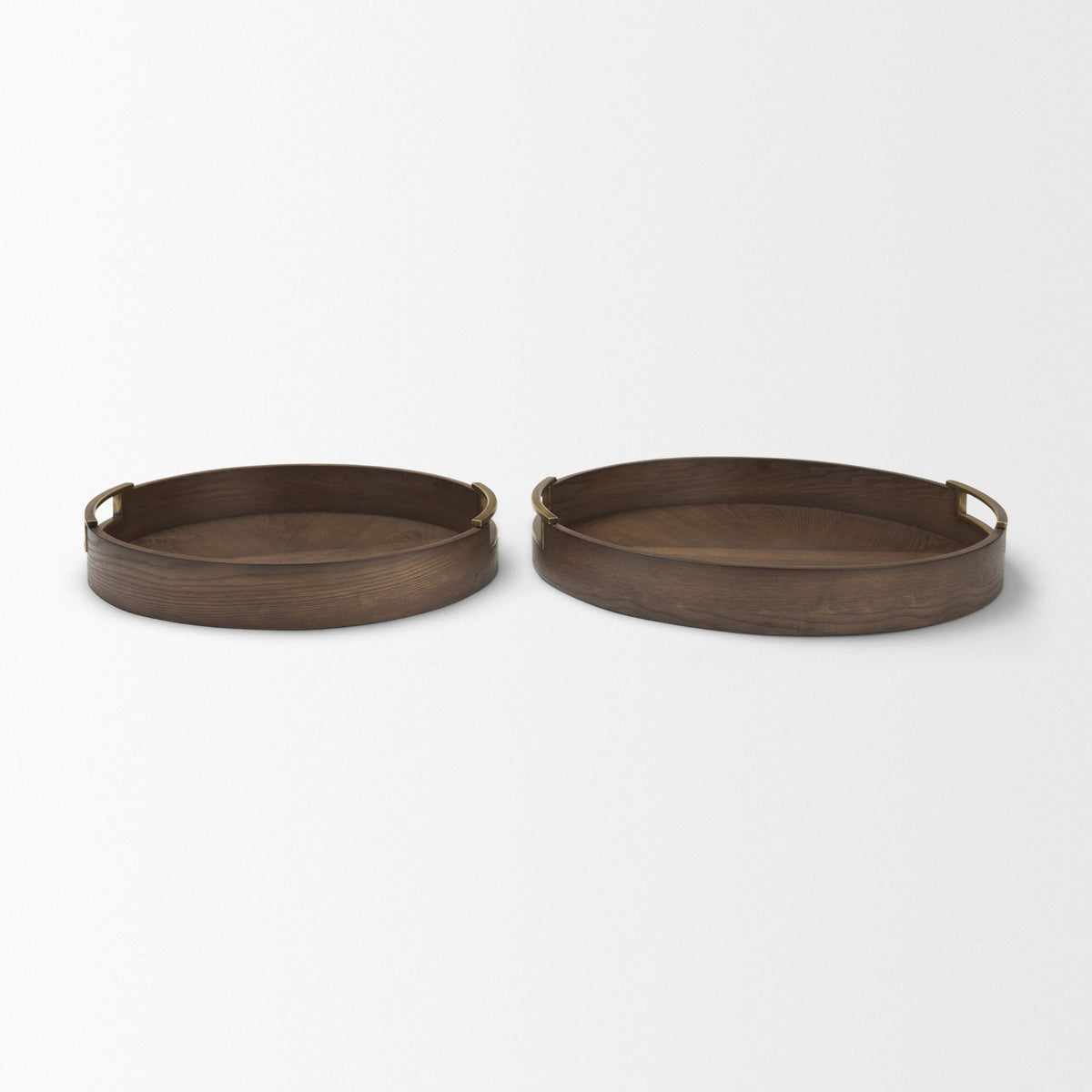 Langford Round Dark Brown Walnut Wood w/ Brass Handles Decorative Tray Set-Trays-DECOROLALA