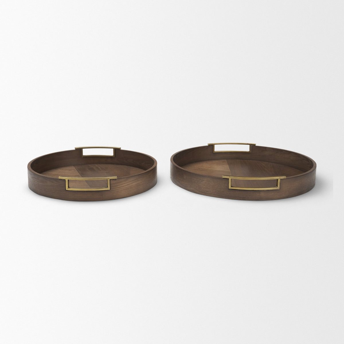 Langford Round Dark Brown Walnut Wood w/ Brass Handles Decorative Tray Set-Trays-DECOROLALA