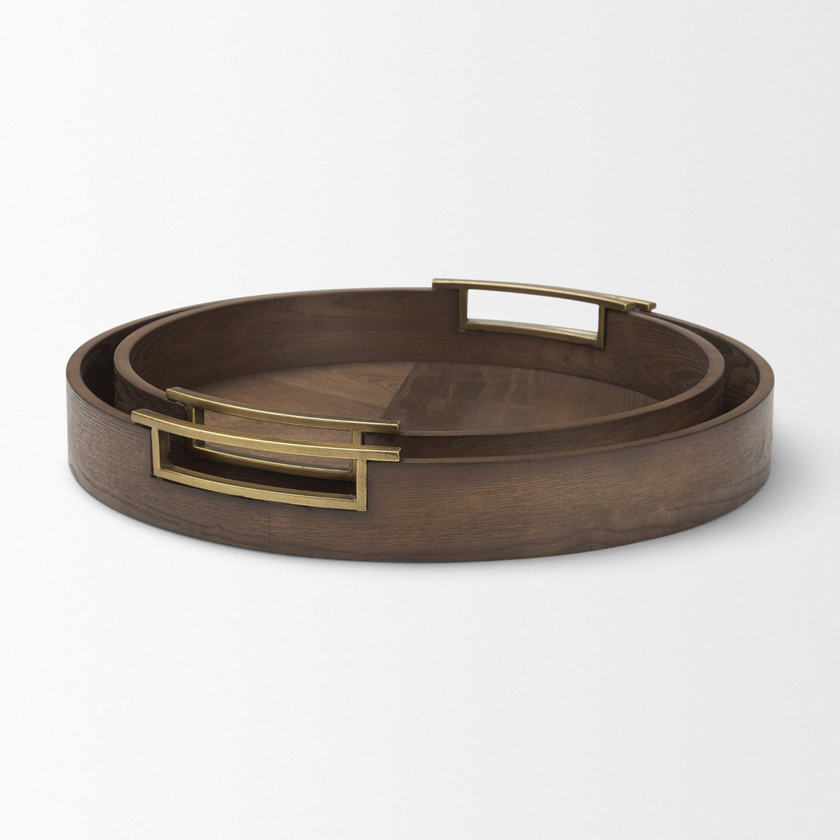 Langford Round Dark Brown Walnut Wood w/ Brass Handles Decorative Tray Set-Trays-DECOROLALA
