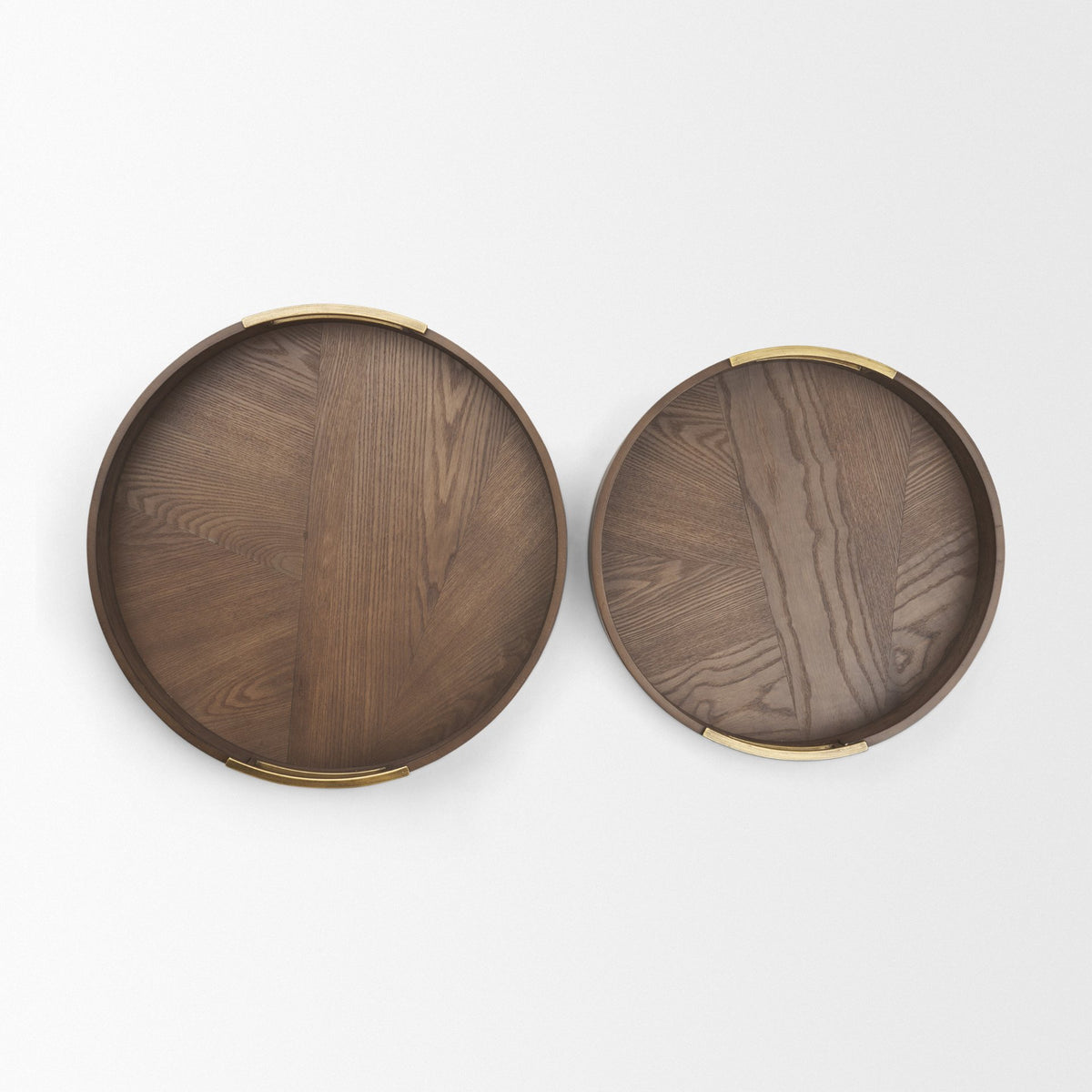 Langford Round Dark Brown Walnut Wood w/ Brass Handles Decorative Tray Set-Trays-DECOROLALA
