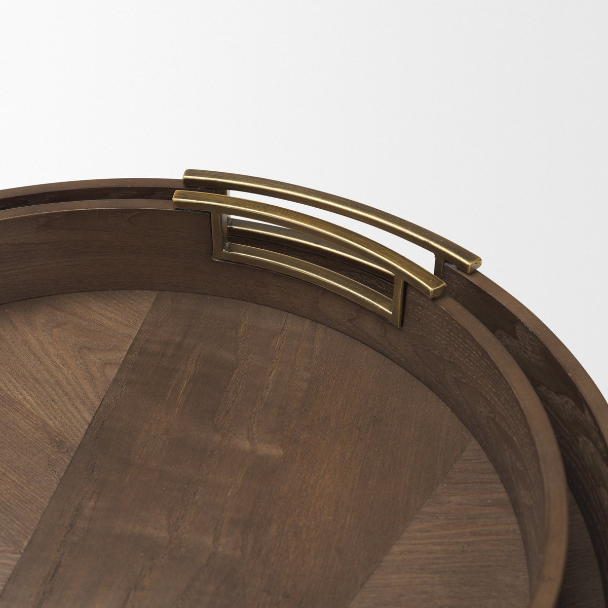 Langford Round Dark Brown Walnut Wood w/ Brass Handles Decorative Tray Set-Trays-DECOROLALA