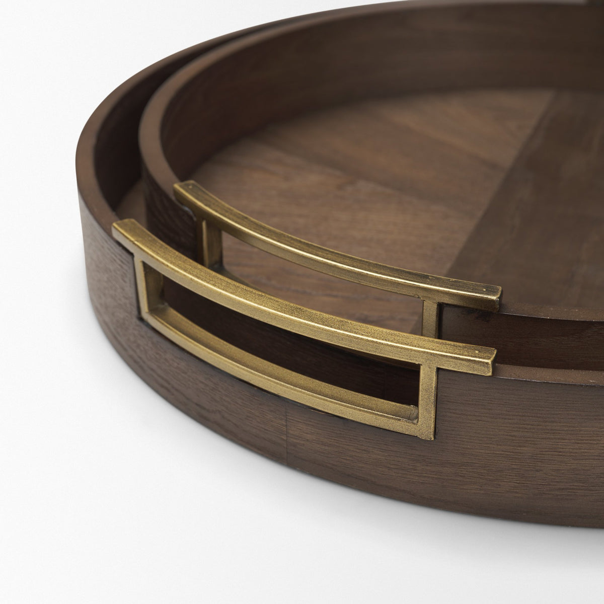 Langford Round Dark Brown Walnut Wood w/ Brass Handles Decorative Tray Set-Trays-DECOROLALA