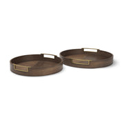 Langford Round Dark Brown Walnut Wood w/ Brass Handles Decorative Tray Set-Trays-DECOROLALA