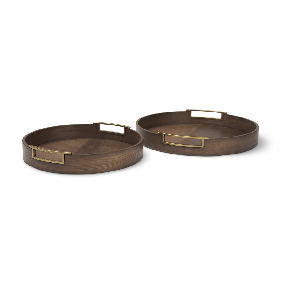 Langford Round Dark Brown Walnut Wood w/ Brass Handles Decorative Tray Set-Trays-DECOROLALA