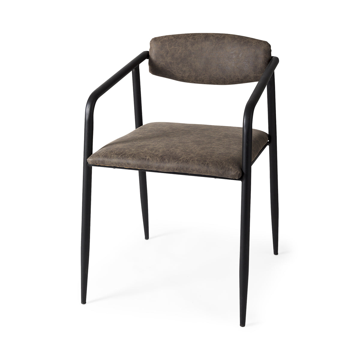 Langston Open Back Dining Arm Chair | Brown Faux Leather w/ Black Iron-Dining Chairs-DECOROLALA