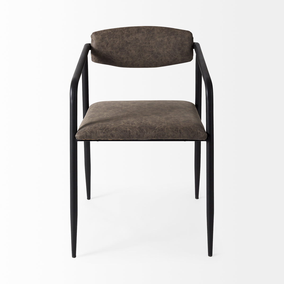 Langston Open Back Dining Arm Chair | Brown Faux Leather w/ Black Iron-Dining Chairs-DECOROLALA