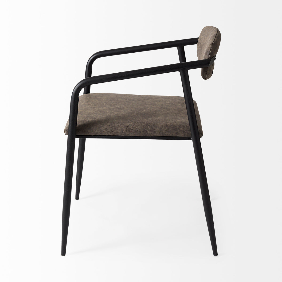 Langston Open Back Dining Arm Chair | Brown Faux Leather w/ Black Iron-Dining Chairs-DECOROLALA
