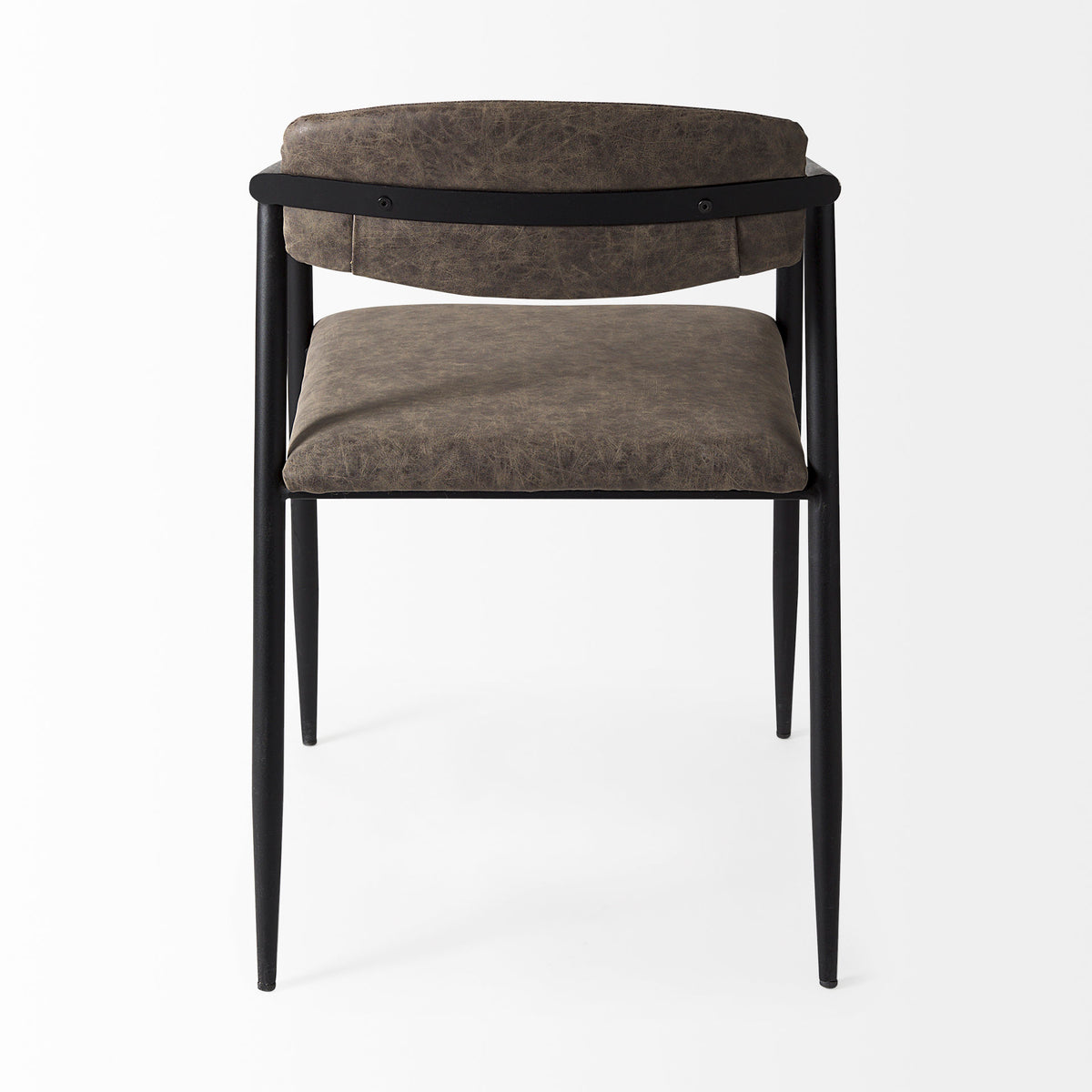 Langston Open Back Dining Arm Chair | Brown Faux Leather w/ Black Iron-Dining Chairs-DECOROLALA