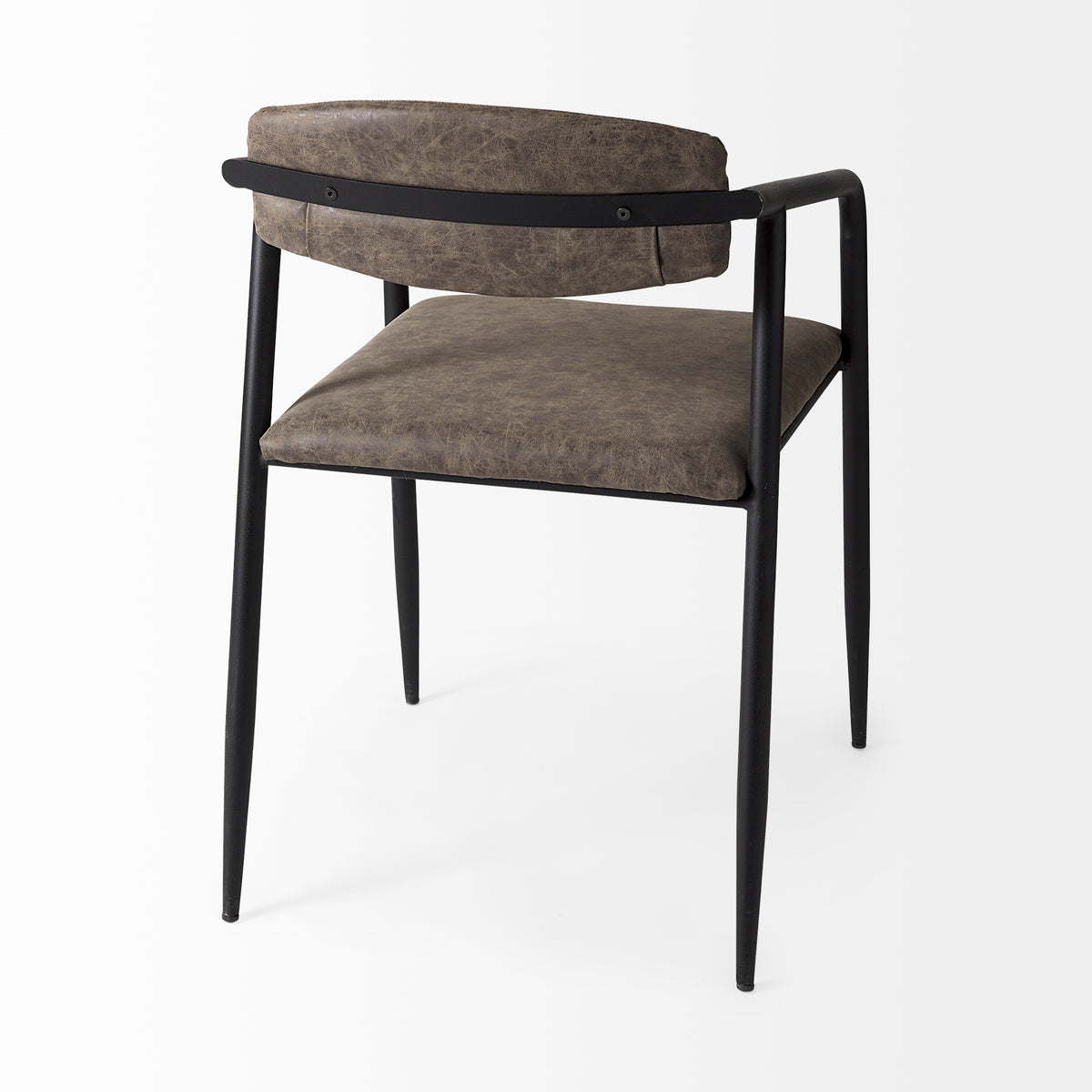 Langston Open Back Dining Arm Chair | Brown Faux Leather w/ Black Iron-Dining Chairs-DECOROLALA
