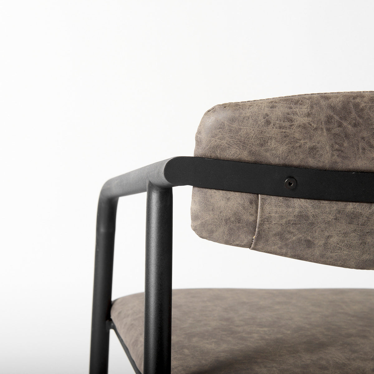 Langston Open Back Dining Arm Chair | Brown Faux Leather w/ Black Iron-Dining Chairs-DECOROLALA