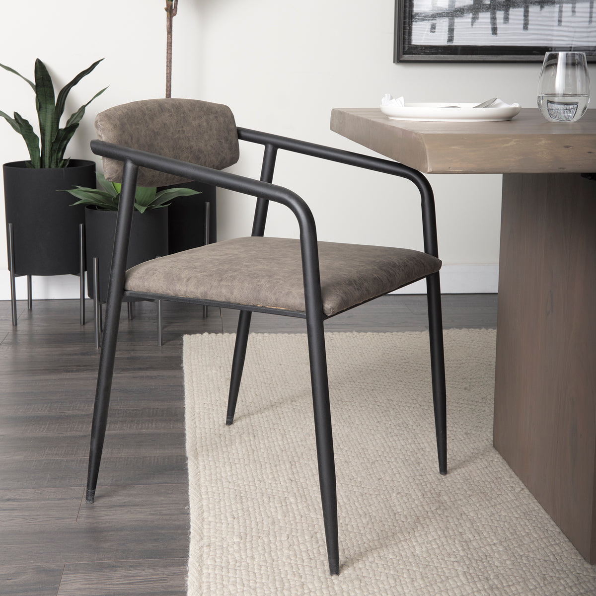 Langston Open Back Dining Arm Chair | Brown Faux Leather w/ Black Iron-Dining Chairs-DECOROLALA