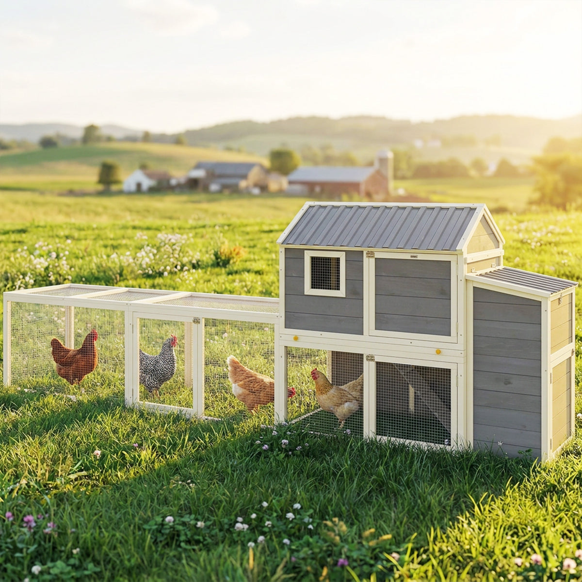 Large 134" Wooden Chicken Coop with Run and Nesting Box - Grey-Small Animal Supplies-DECOROLALA