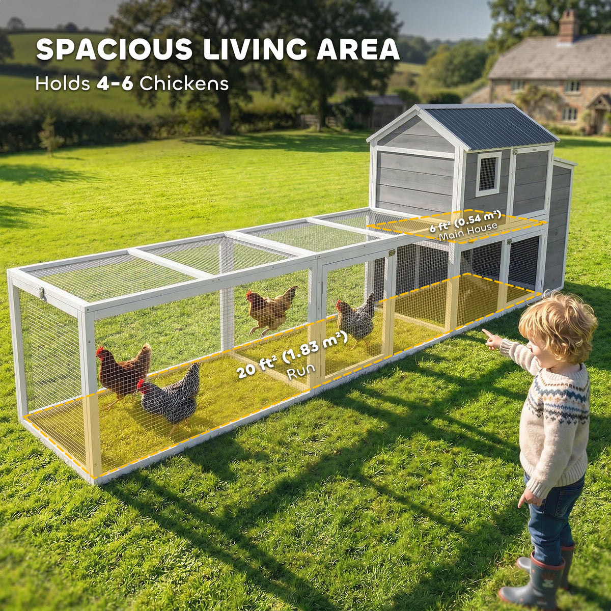 Large 134" Wooden Chicken Coop with Run and Nesting Box - Grey-Small Animals-DECOROLALA
