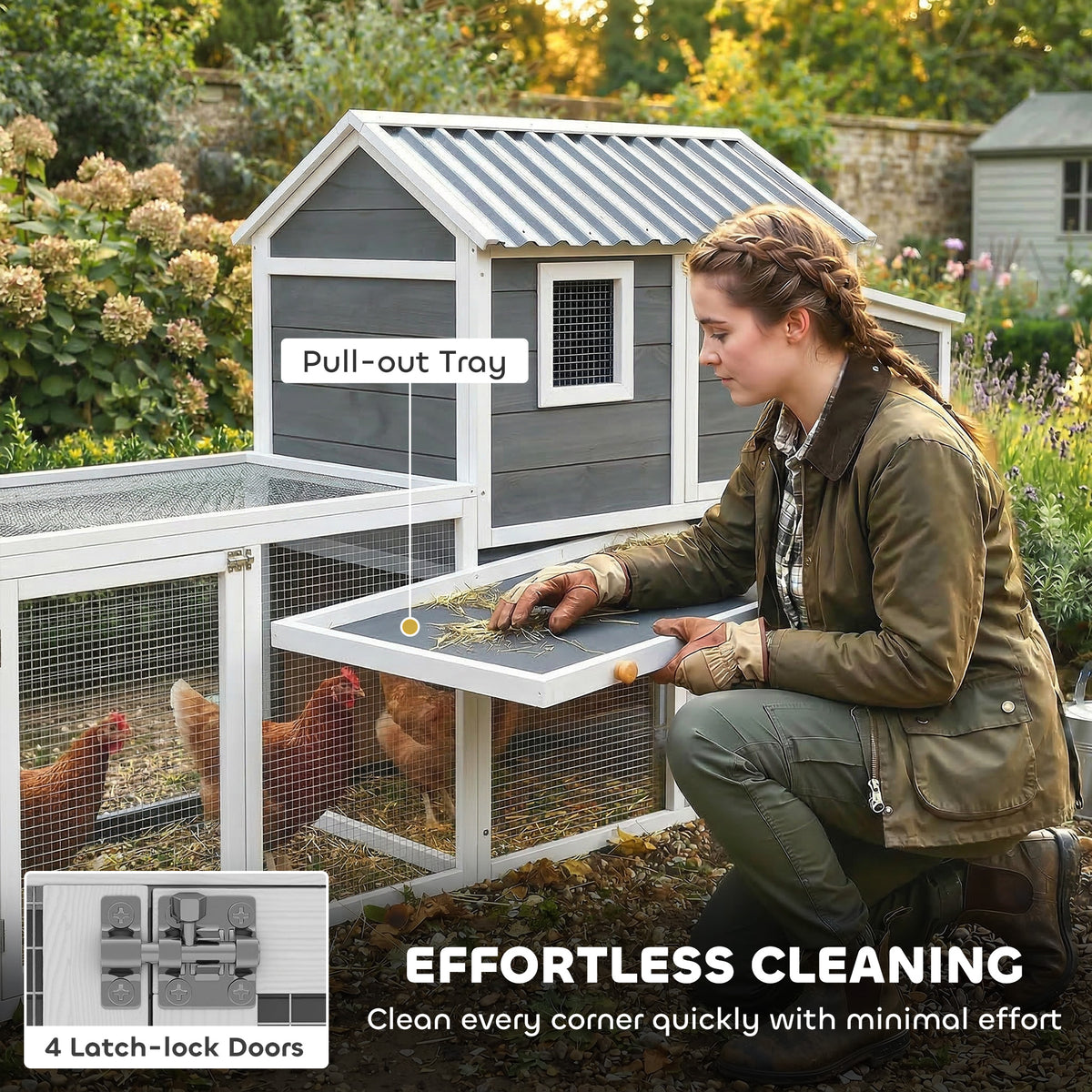 Large 134" Wooden Chicken Coop with Run and Nesting Box - Grey-Small Animals-DECOROLALA