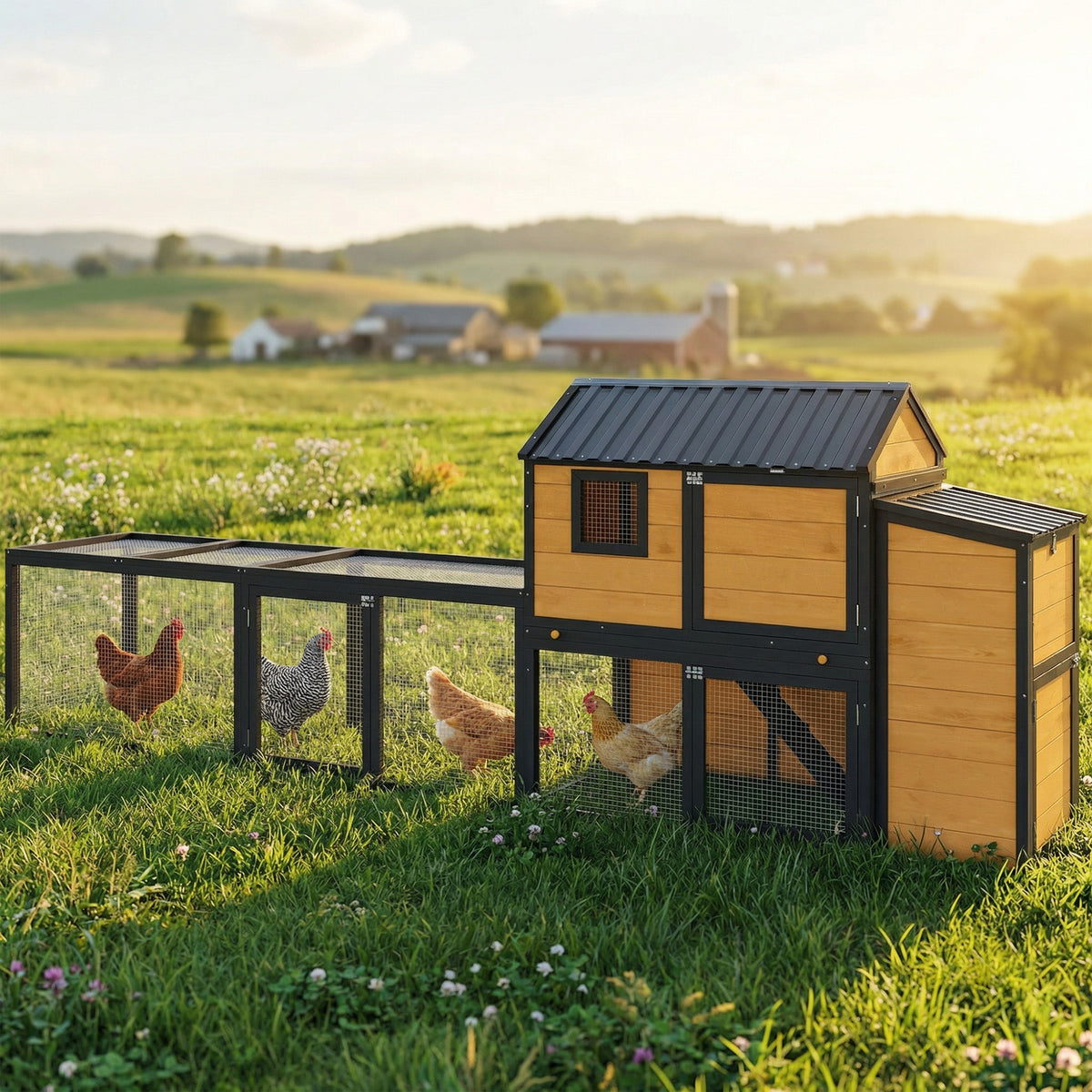 Large 134" Wooden Chicken Coop with Run and Nesting Box - Yellow-Small Animals-DECOROLALA