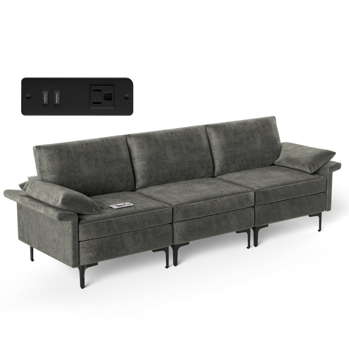 Large 3-Seat Modular Sectional Sofa - Silver 100" Linen-Sofas & Loveseats-DECOROLALA