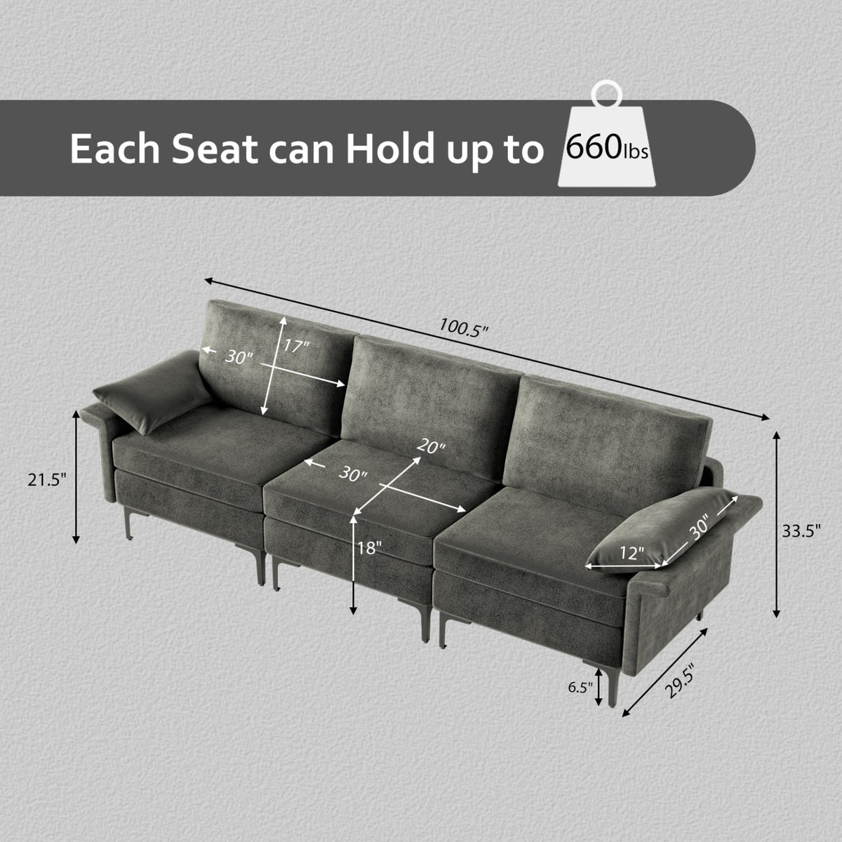 Large 3-Seat Modular Sectional Sofa - Silver 100" Linen-Sofas & Loveseats-DECOROLALA