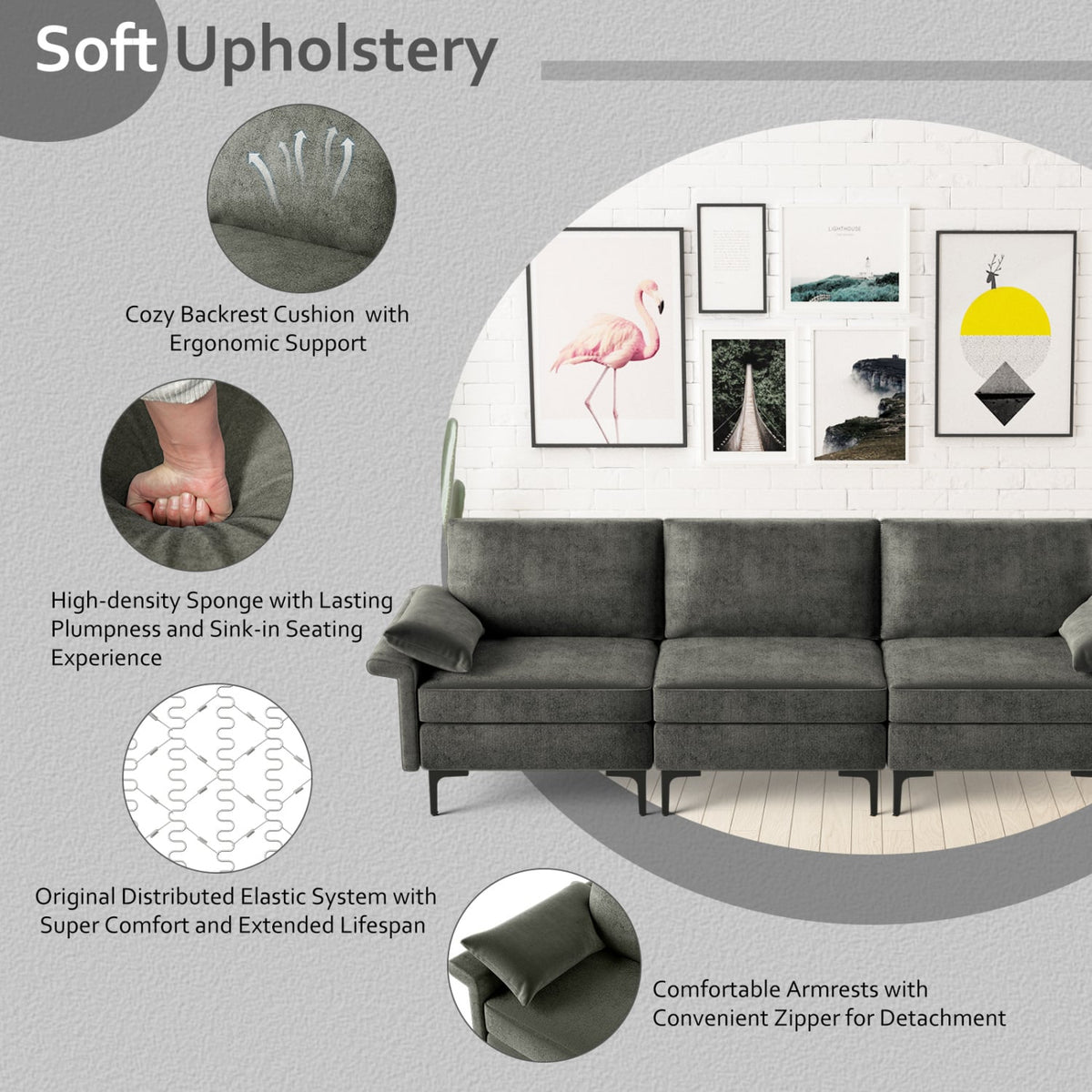 Large 3-Seat Modular Sectional Sofa - Silver 100" Linen-Sofas & Loveseats-DECOROLALA